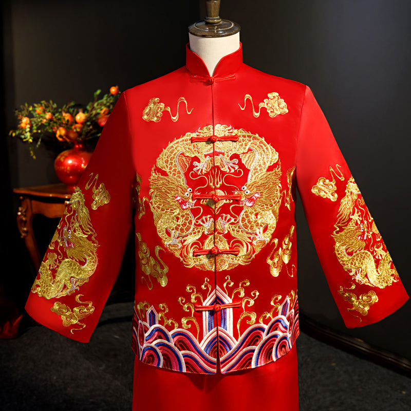 Red Embroidered Dragon Men's Wedding Suit Set - Traditional Chinese Jacket & Pants for Groom, Bridegroom Ceremony - Perfect for Asian Weddings, Cultural Events & Photoshoots