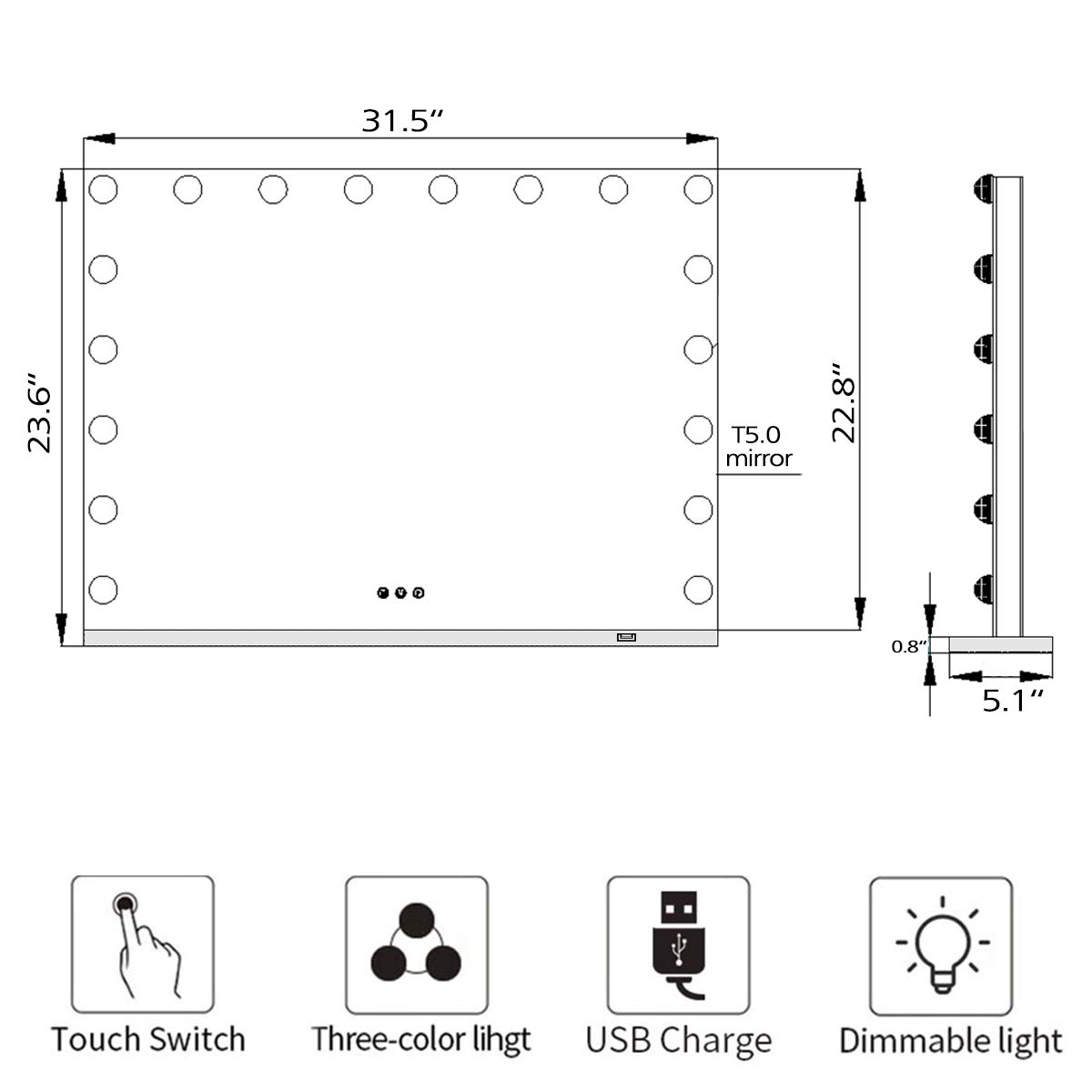 Hollywood Vanity Mirror with 18 LED Lights - 32x24 Inch Large Lighted Makeup Mirror with Magnifier, 3 Color Modes & USB Power - Perfect for Bedroom Dressing Table, Bathroom, and Professional Makeup Artists