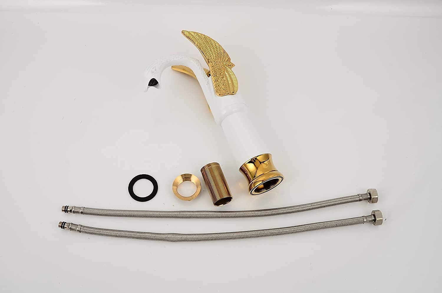 Swan White & Gold Tall Vessel Sink Faucet - Single Handle One Hole Basin Mixer Tap with Matching Pop Up Drain (No Overflow) - Perfect for Modern Bathroom Vanities & Bowl Sinks