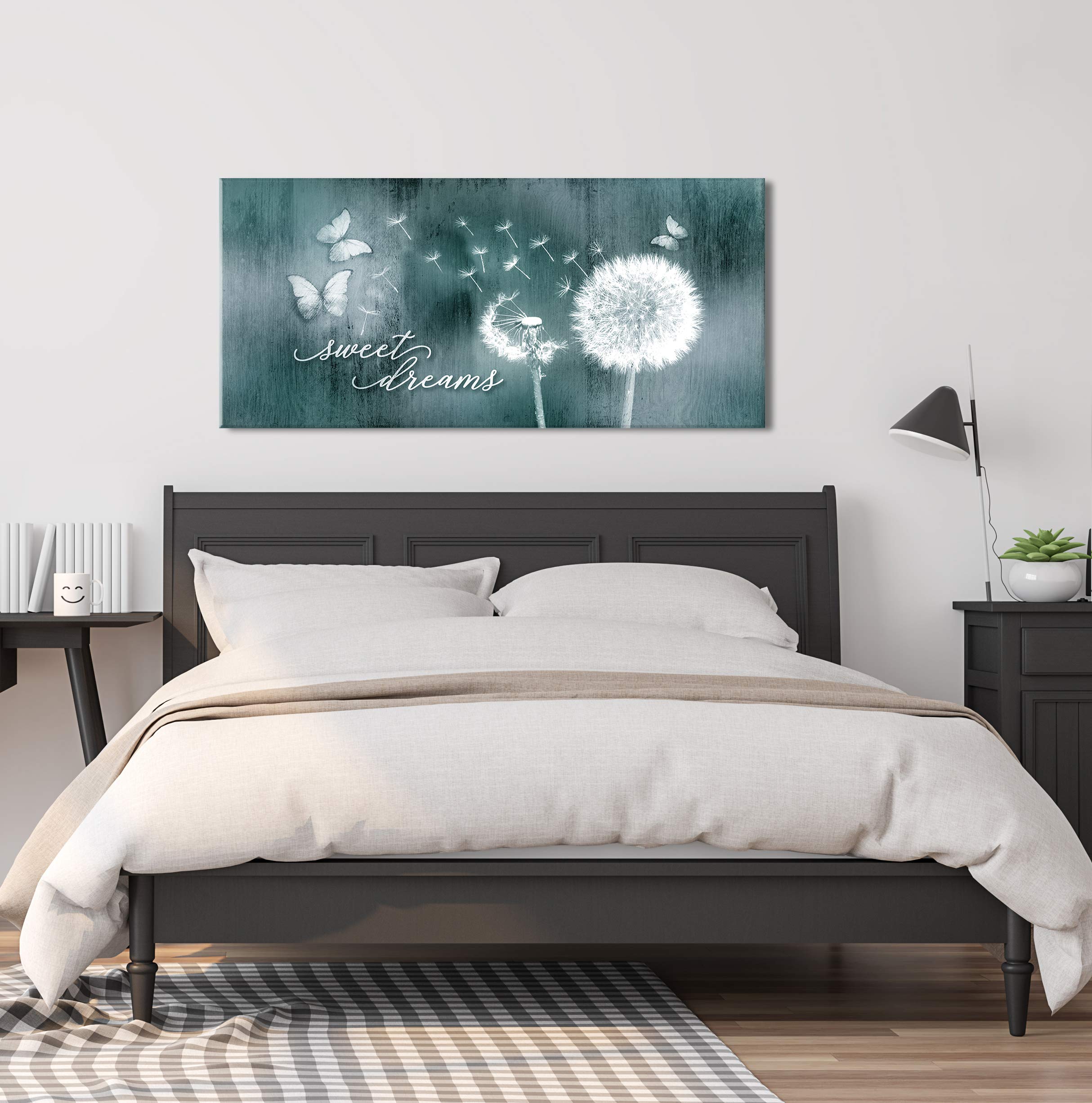 Sweet Dreams Dandelion Wall Art - Large 60x27 Teal Canvas Painting for Master Bedroom Decor, Above Bed Wall Hanging, Home Décor Sign - Perfect for Creating a Calming Atmosphere in Bedrooms