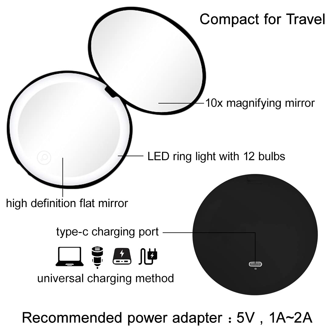 Rechargeable LED Compact Mirror with 1x/10x Magnification - 3.5 Inch Dimmable Travel Makeup Mirror for Purse, Pocket & Handheld Use | Perfect for Home, Travel & On-the-Go Touchups