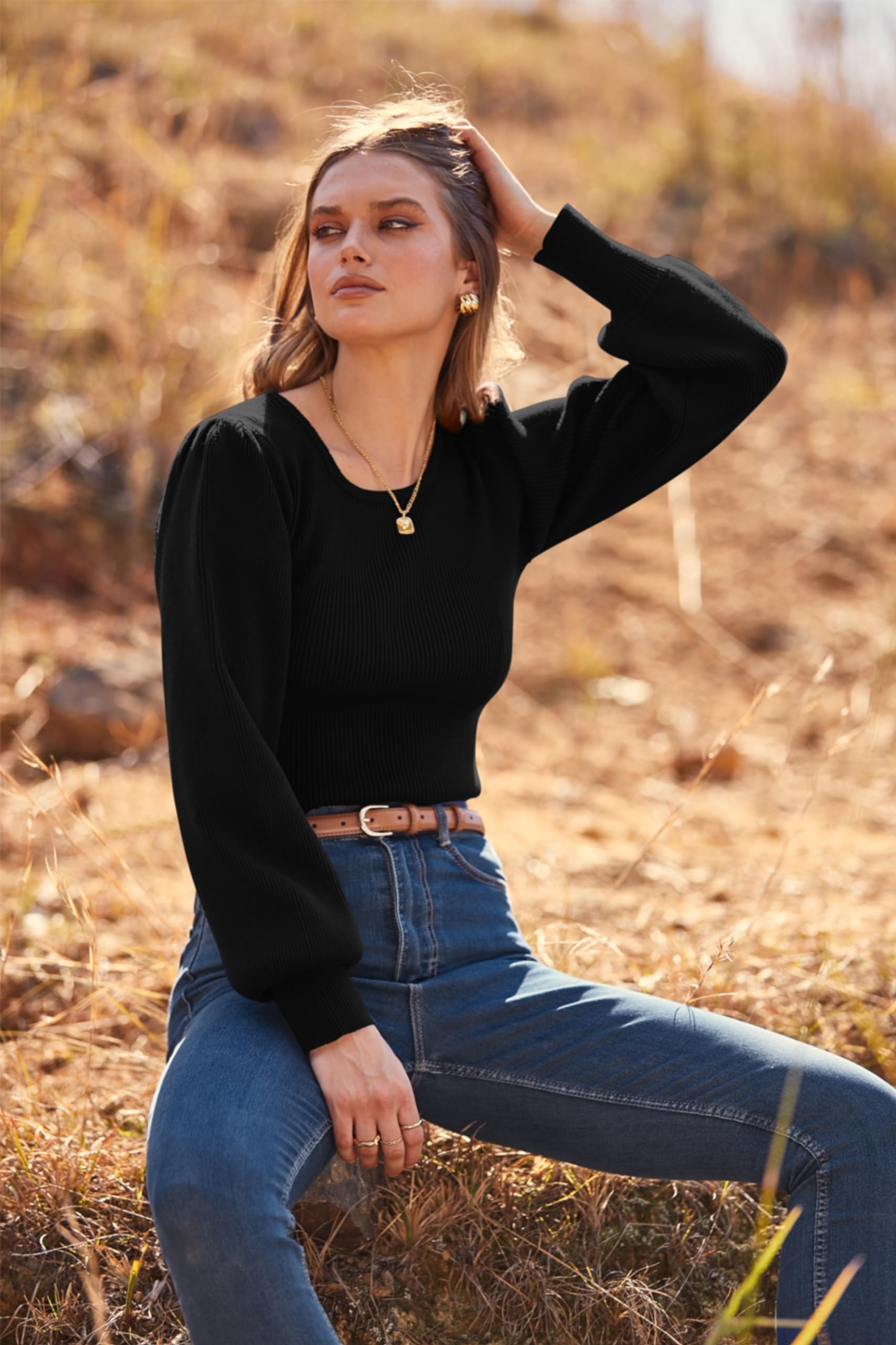 MASCOMODA Women's Long Puff Sleeve Sweater - 2025 Fall Winter Crewneck Knit Ribbed Pullover Top | Cozy Casual Wear for Office, Date Night & Holiday Outfits