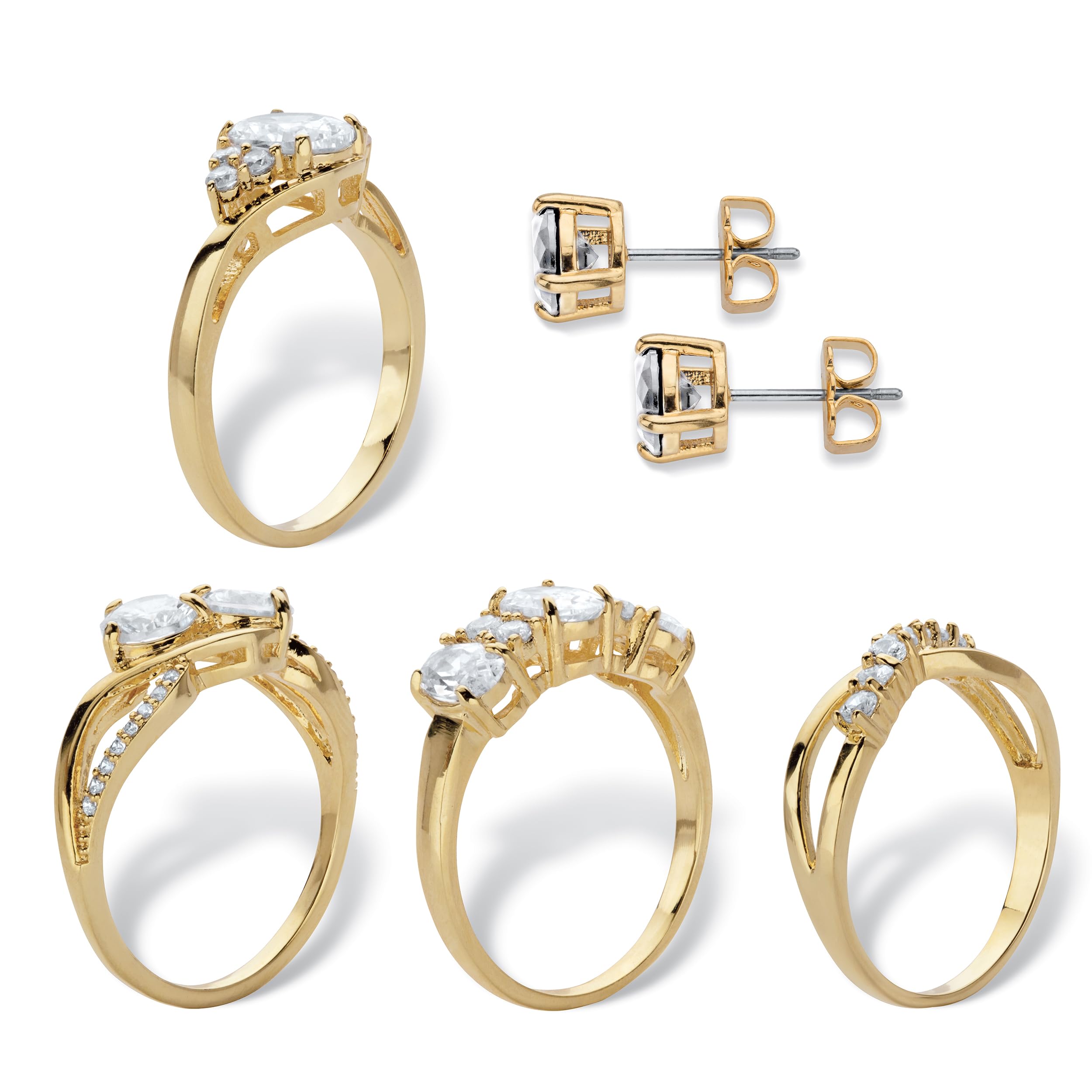 PalmBeach Yellow Gold-Plated Round Cubic Zirconia 5-Piece Stud Earrings and Ring Set (Sizes 6-10) - Elegant Jewelry for Women, Perfect for Parties, Weddings & Everyday Wear
