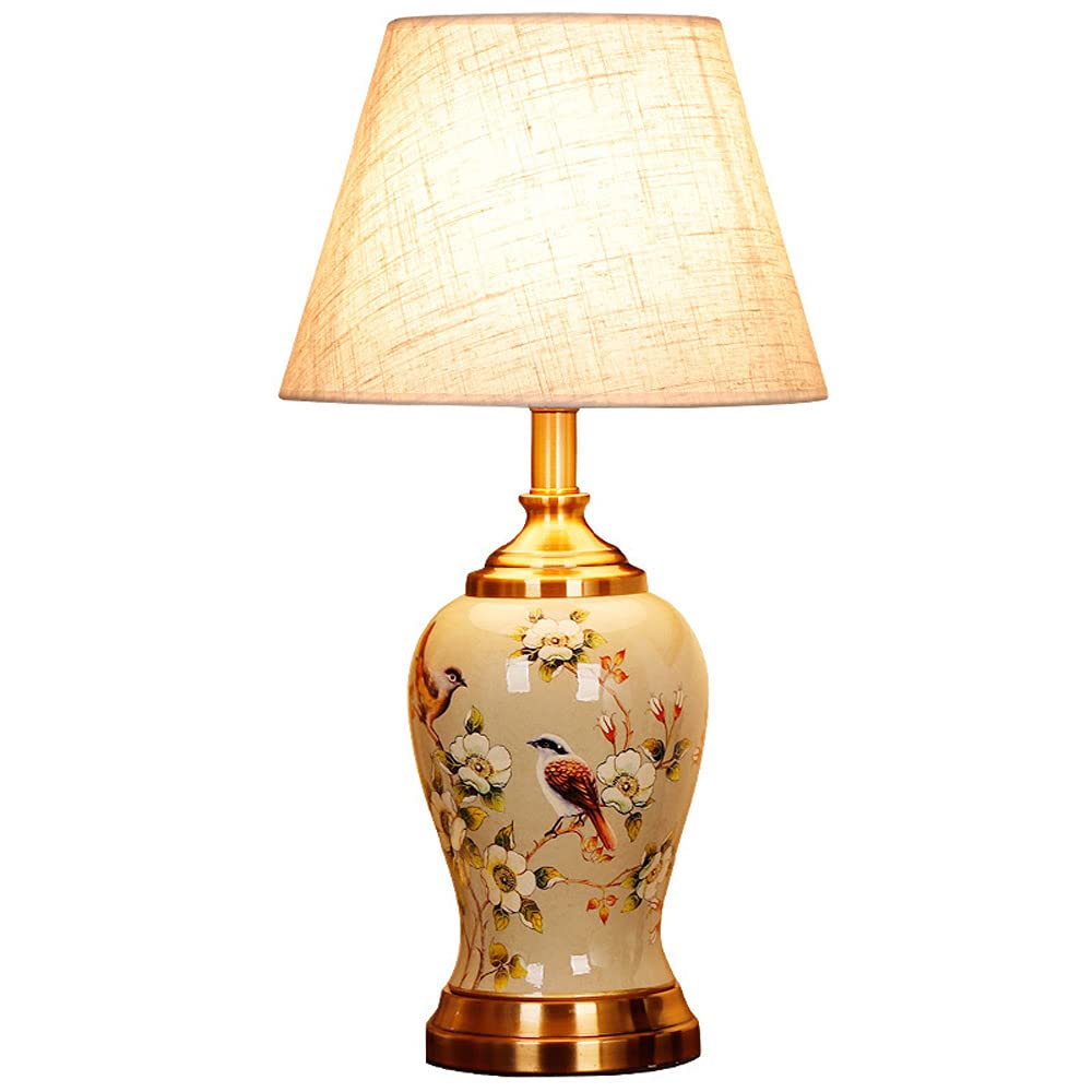Classic Chinese Flower & Bird Ceramic Table Lamp - Large Oriental Porcelain Base with Fabric Lampshade, 22.4