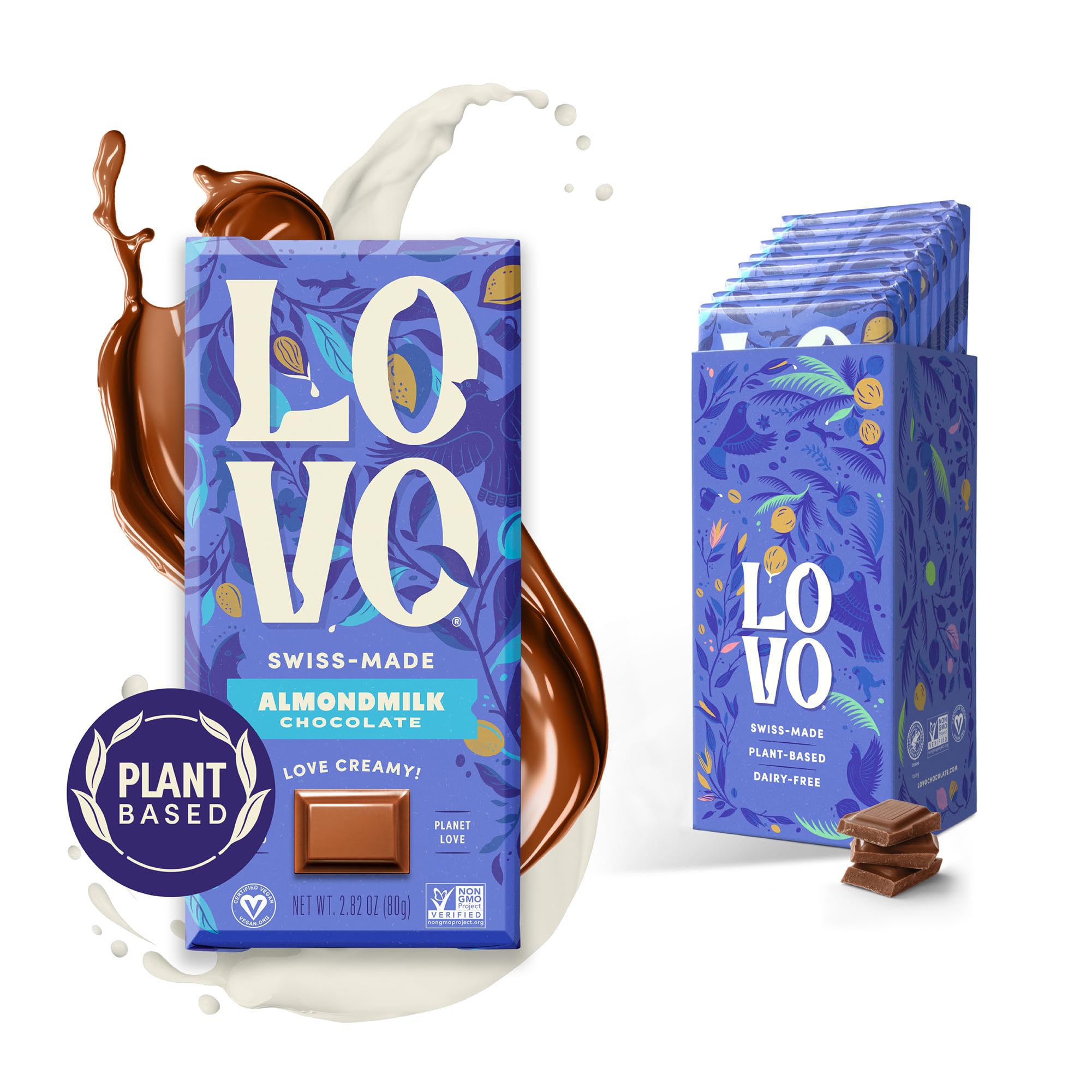 LOVO Almondmilk Chocolate Bar - 100% Plant-Based Vegan Milk Chocolate, Dairy-Free & Gluten-Free - Creamy Swiss-Made Almond Milk Chocolate (2.82oz, Pack of 8) - RFA Certified - Perfect for Gifts, Snacking & Vegan Desserts