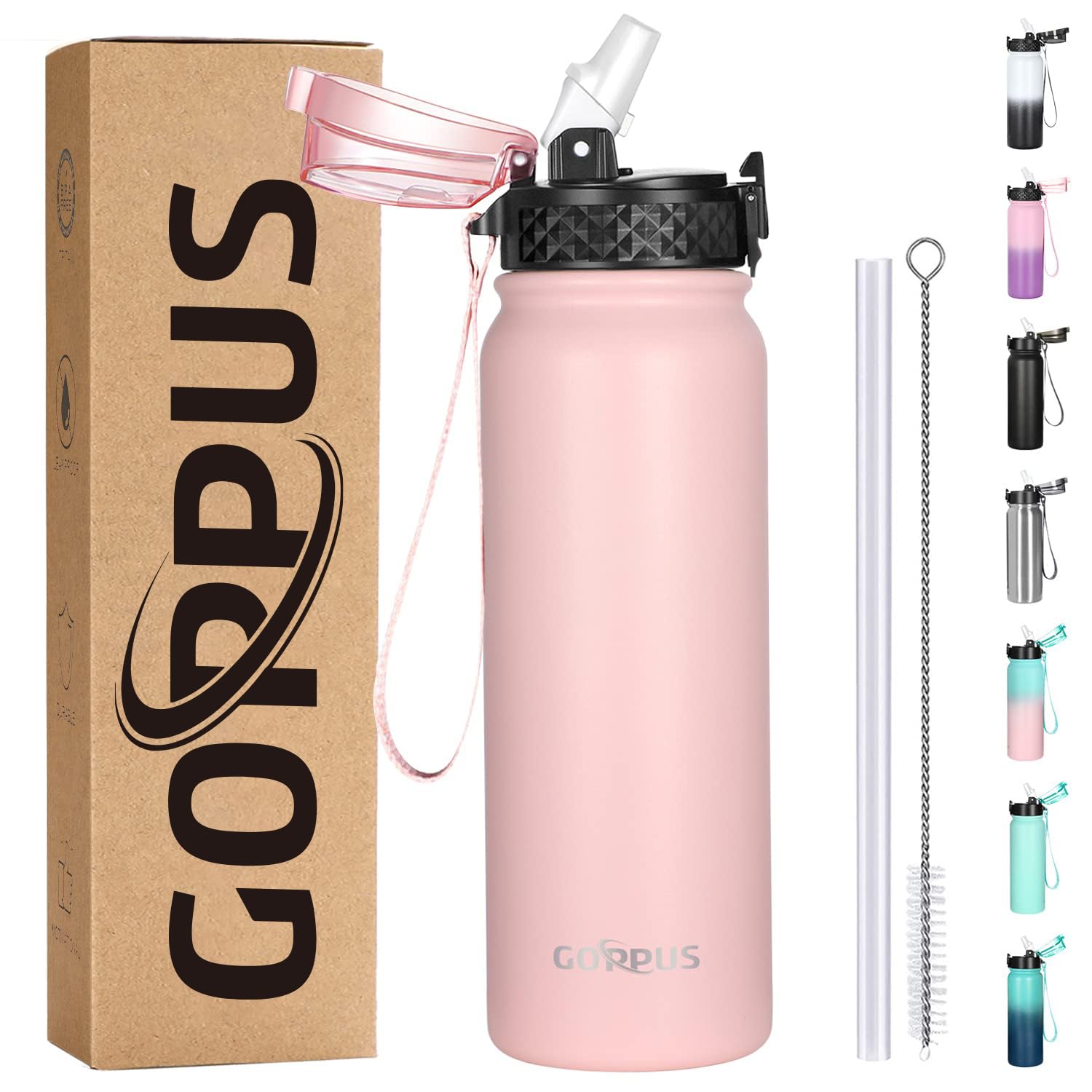 GOPPUS 600ml/20oz Stainless Steel Water Bottle with Straw - Double Wall Vacuum Insulated, Leakproof, BPA Free - Reusable Thermal Flask with Strap & Flip Top Lid for Men & Women - Perfect for Gym, Hiking, Office & Outdoor Activities