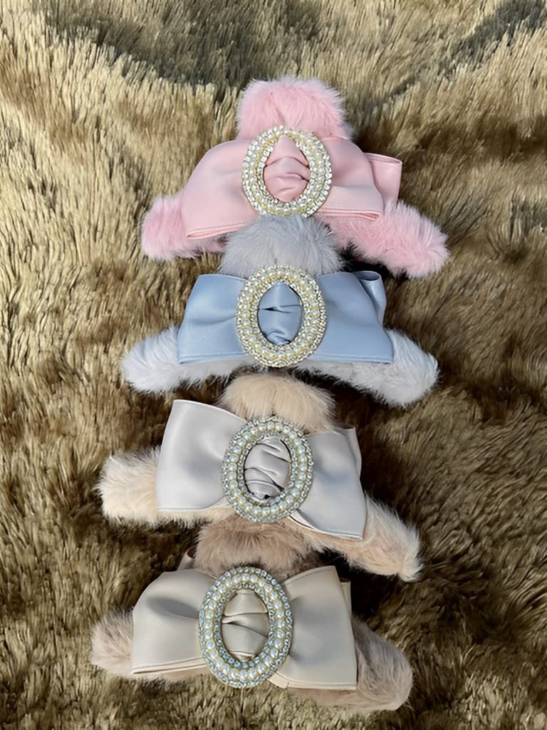 TLISMI Korean Plush Pearl Stone Hair Clip - Large Cute Bow Claw Barrettes for Women & Girls, Soft Faux Fur Strong Hold No Slip Hair Clutch (Blue) | Perfect for Parties, Weddings & Everyday Style