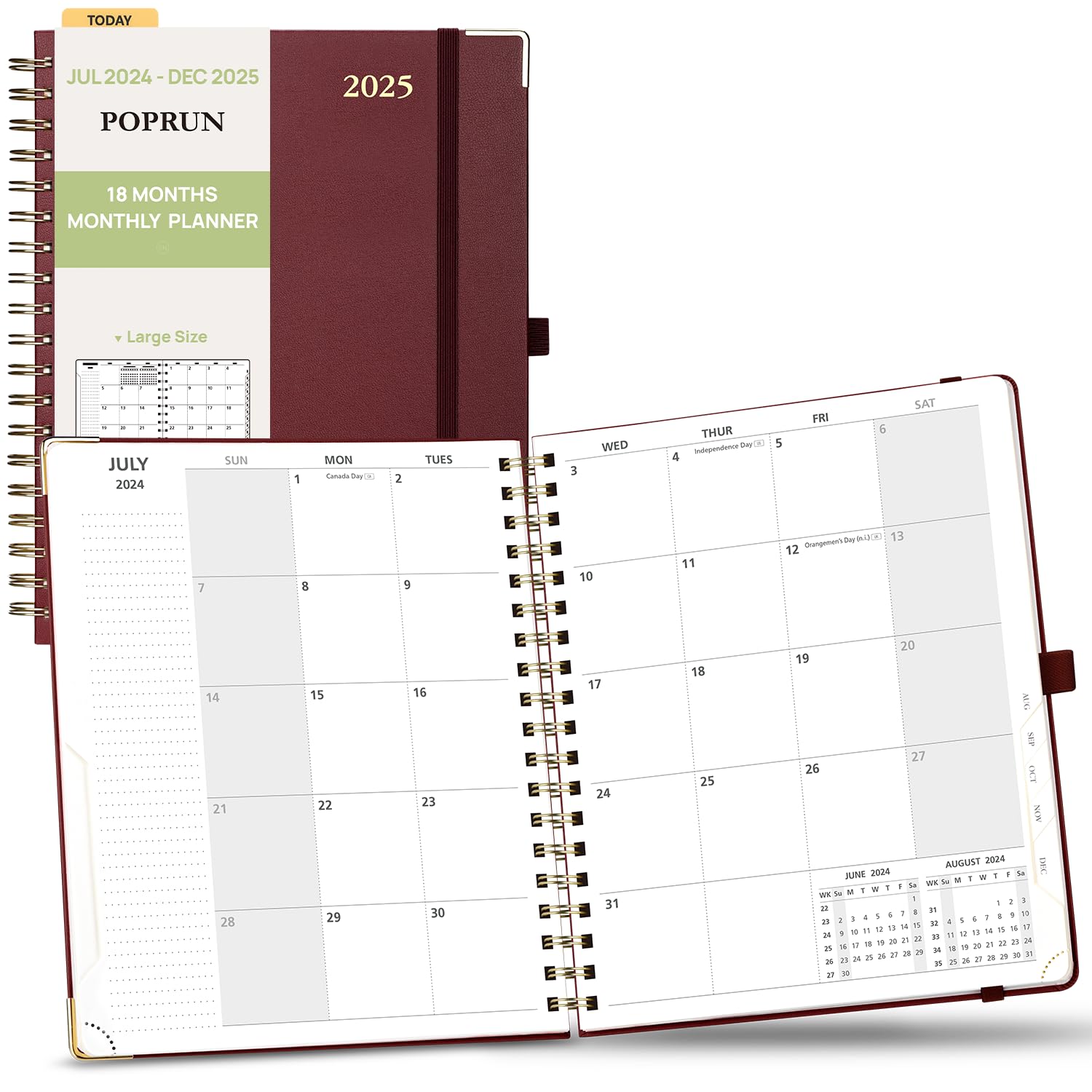 POPRUN 2024-2025 Monthly Planner - 18 Month Spiral Bound Calendar (July 2024-December 2025) - 8
