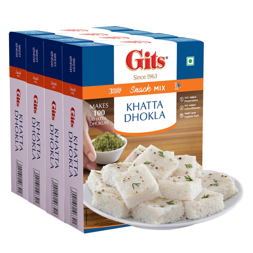 Gits Instant Khatta Dhokla Mix - 800g (Pack of 4 x 200g) | Authentic Indian Snack Mix | Vegetarian & Gluten-Free | Quick & Easy Dhokla Recipe for Breakfast, Party or Tea Time Snack