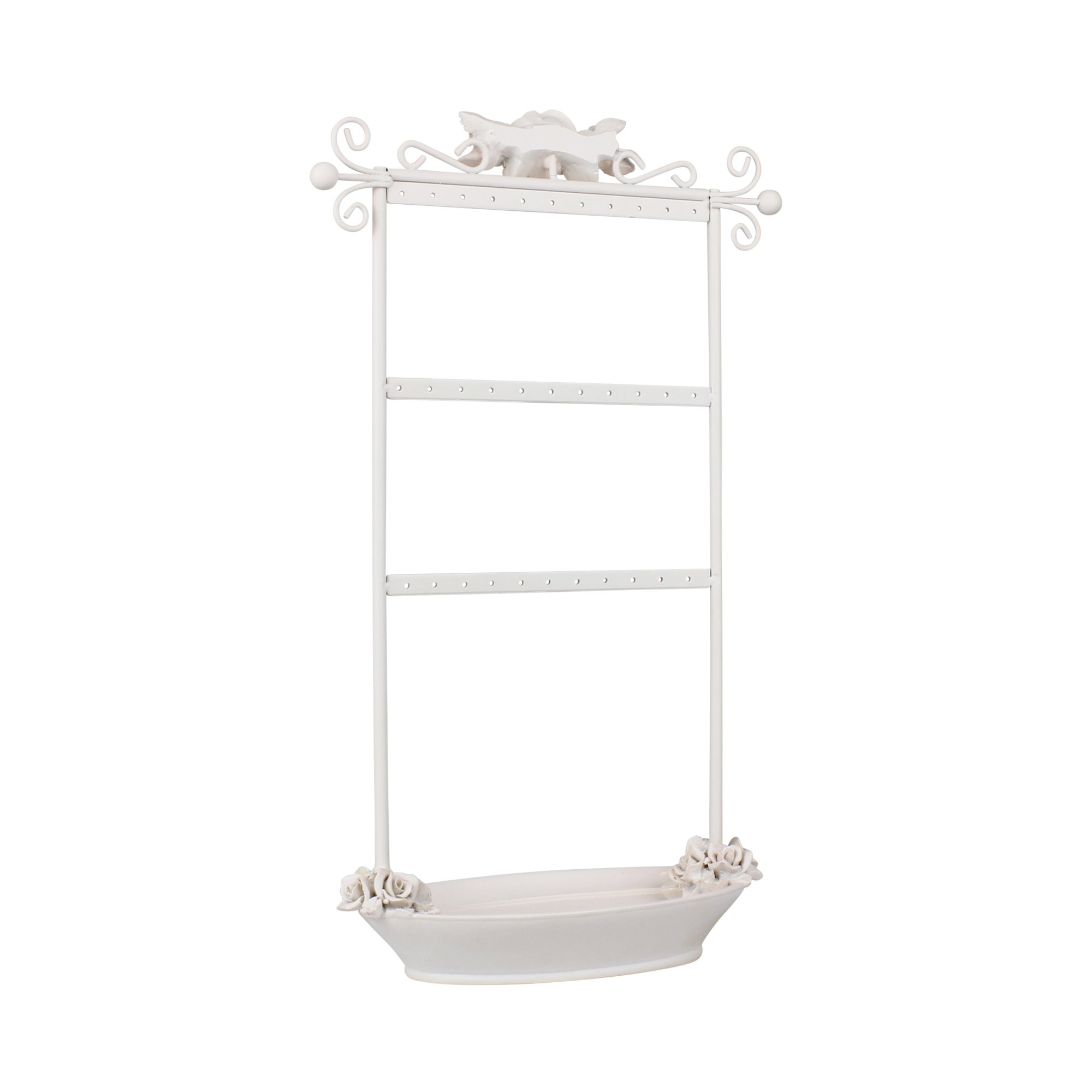 Shabby Chic Jewelry Organizer - Elegant Metal Earring Holder with Ring Dish Tray, Ivory Rose | Perfect for Vanity Display & Girls' Bedroom Decor | Jewelry Storage Solution for Necklaces, Bracelets & Earrings
