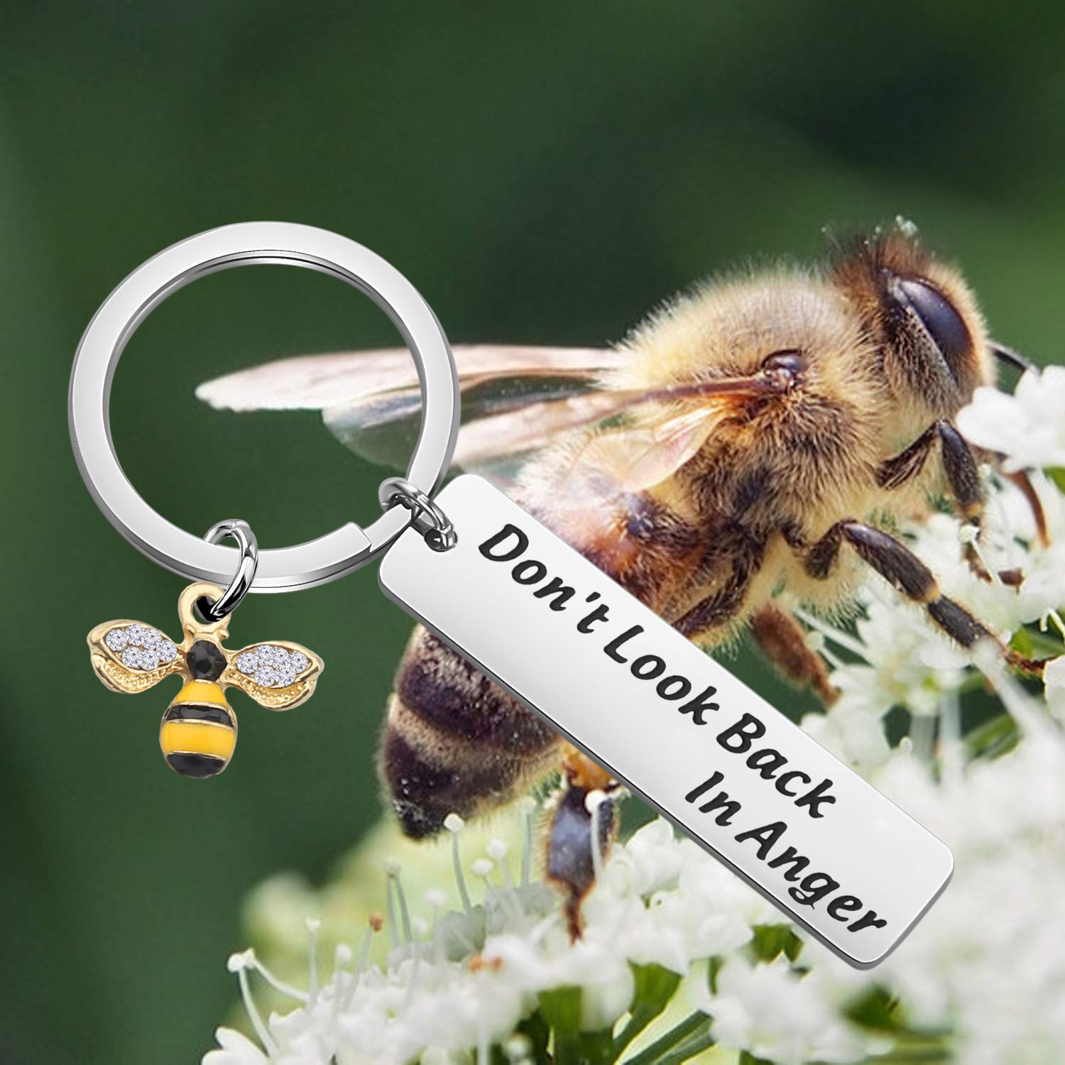 Bee Quote 'Don't Look Back In Anger' Keychain - Unique Bee Jewelry Gift for Bee Lovers, Cute Bee Charm Keyring for Women & Men - Perfect for Backpacks, Purses, or as Thoughtful Birthday Gifts