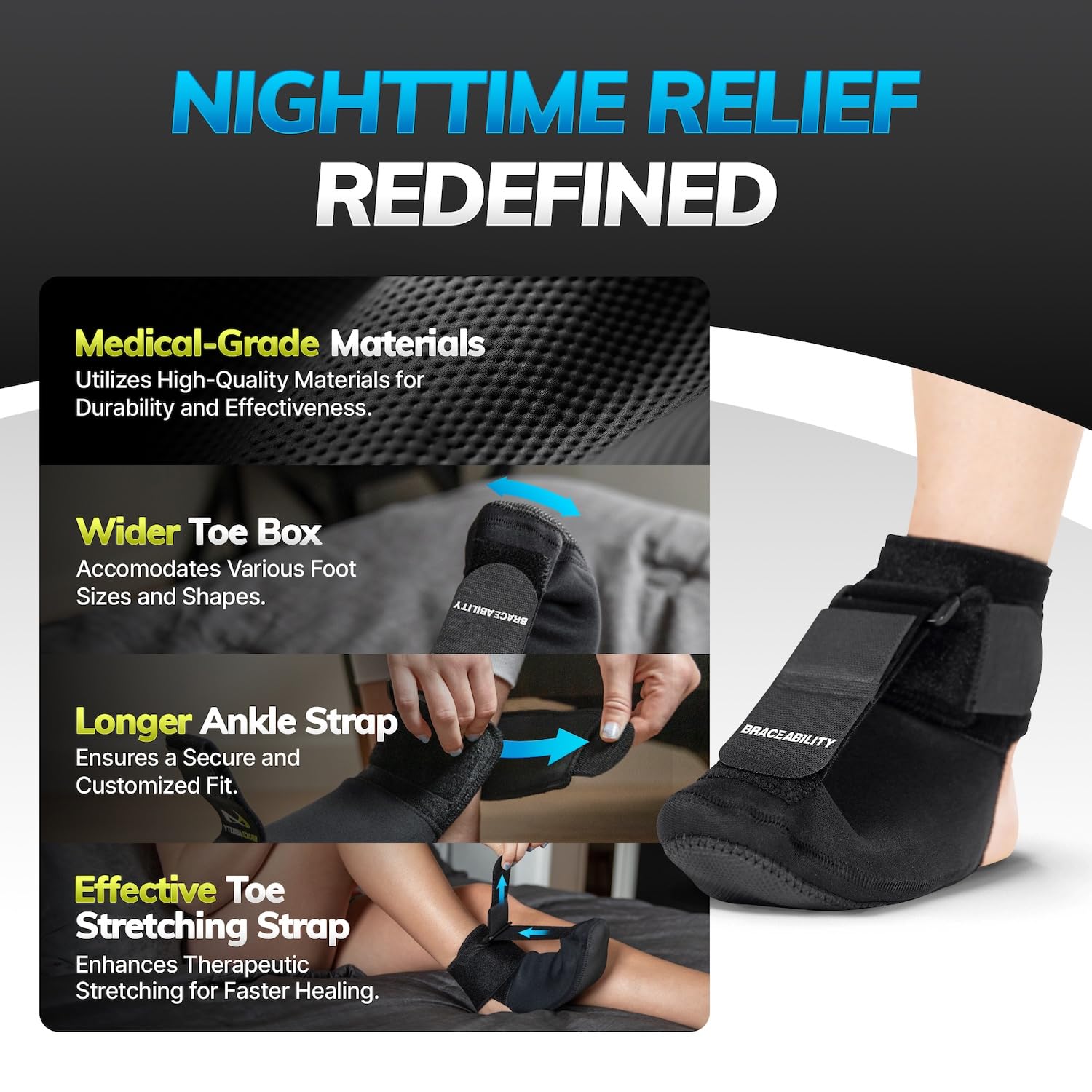 BraceAbility Plantar Fasciitis Night Splint Sock - Soft Support Brace for Sleeping, Achilles Tendonitis & Heel Pain Relief - Adjustable Foot Drop Splint for Men & Women (X-Small) - Ideal for Nighttime Foot Support & Pain Management