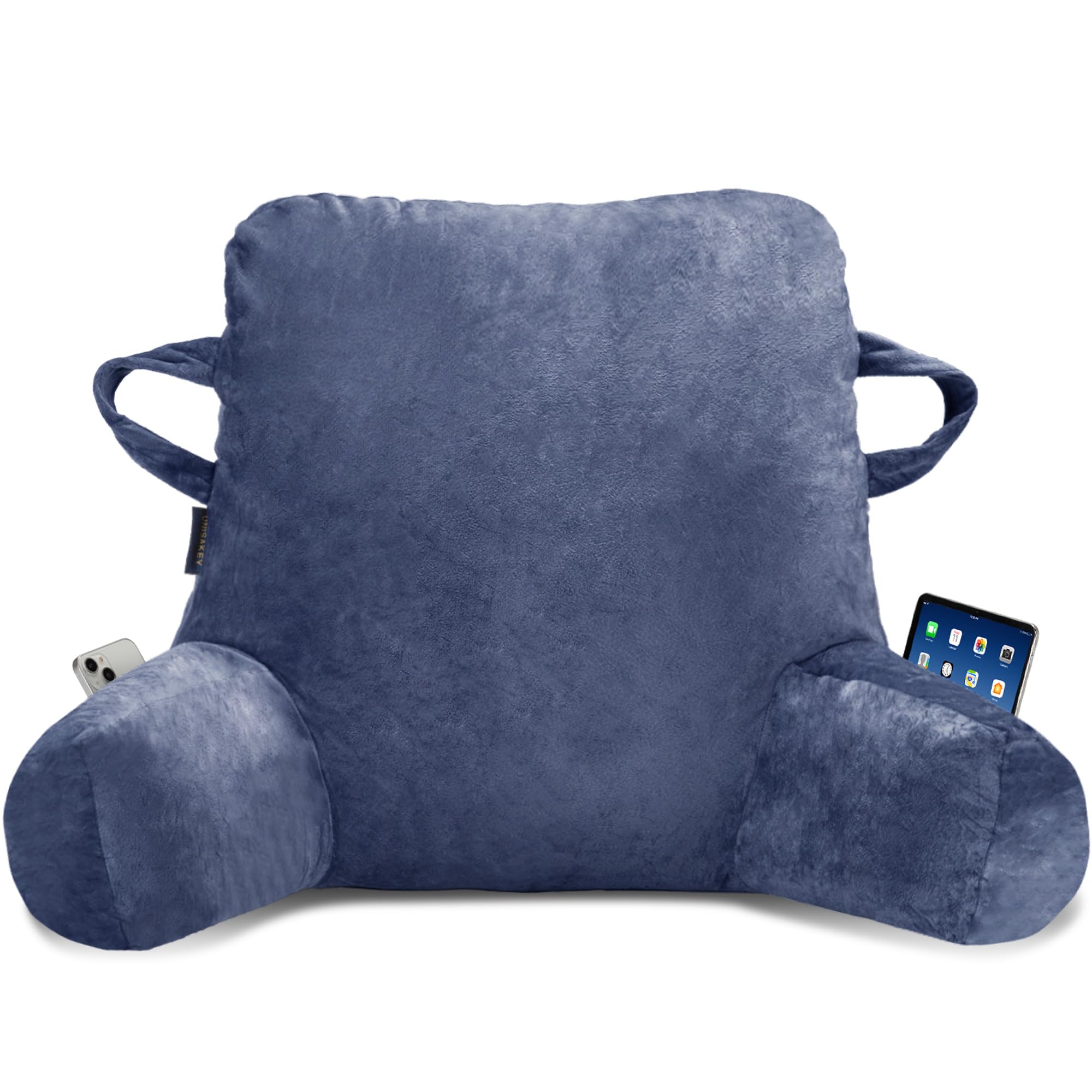 Portable Comfort Reading Pillow for Adults - Blue Bed Pillow with Arms & Storage Pockets, Elastic Sponge & Washable Cover - Perfect for Reading, Watching TV, Gaming & Relaxing in Bed or on the Couch