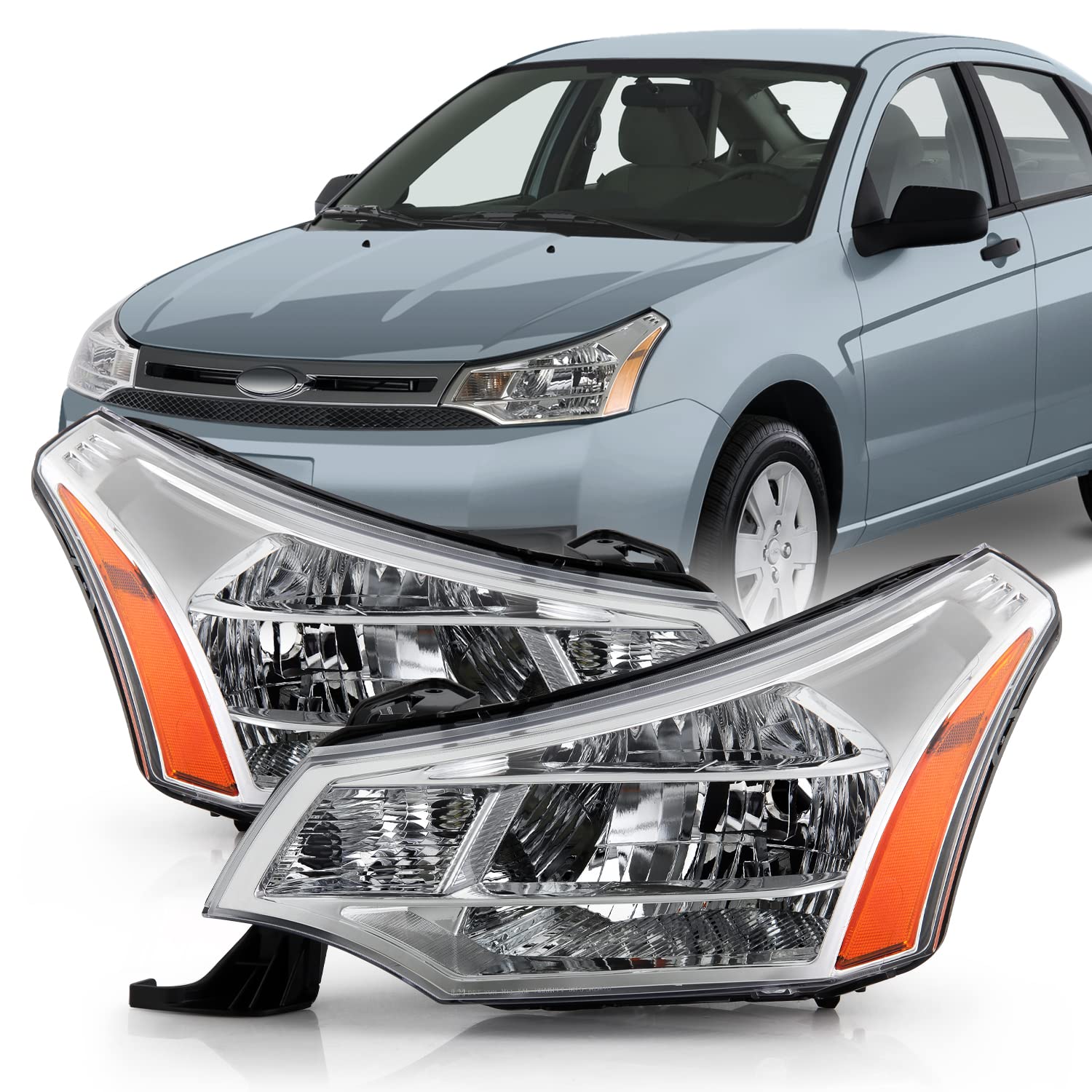 AKKON Replacement Headlights for 2008-2011 Ford Focus - OE Factory Style Chrome Headlight Assembly Pair - Perfect for Night Driving & Car Restoration Projects