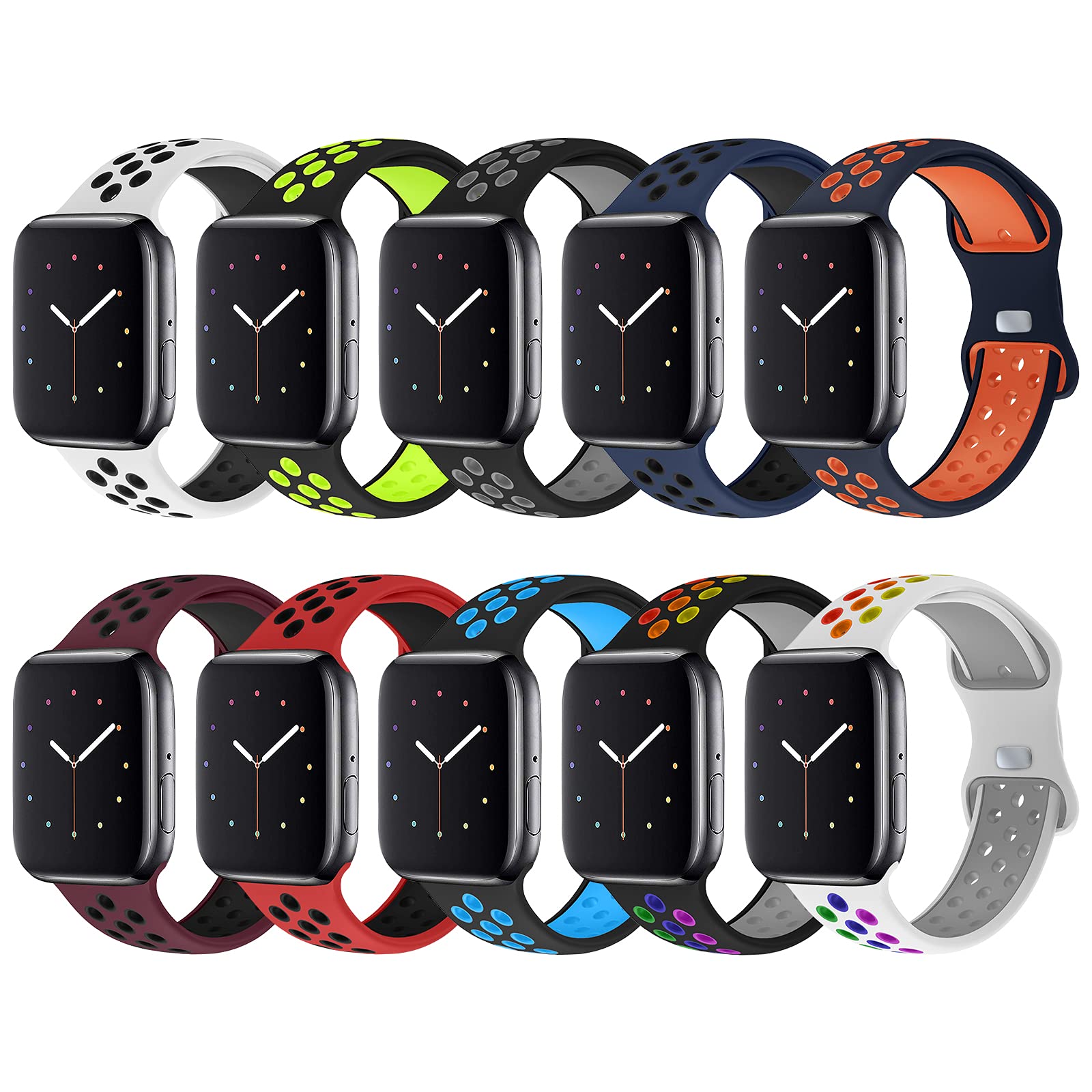10 Pack Sport Bands for Apple Watch 42mm 44mm 45mm 46mm 49mm - Soft Breathable Silicone Replacement Straps Compatible with iWatch Series 10/9/8/7/6/5/4/3/2/1/SE/Ultra - Perfect for Running, Gym Workouts & Everyday Wear