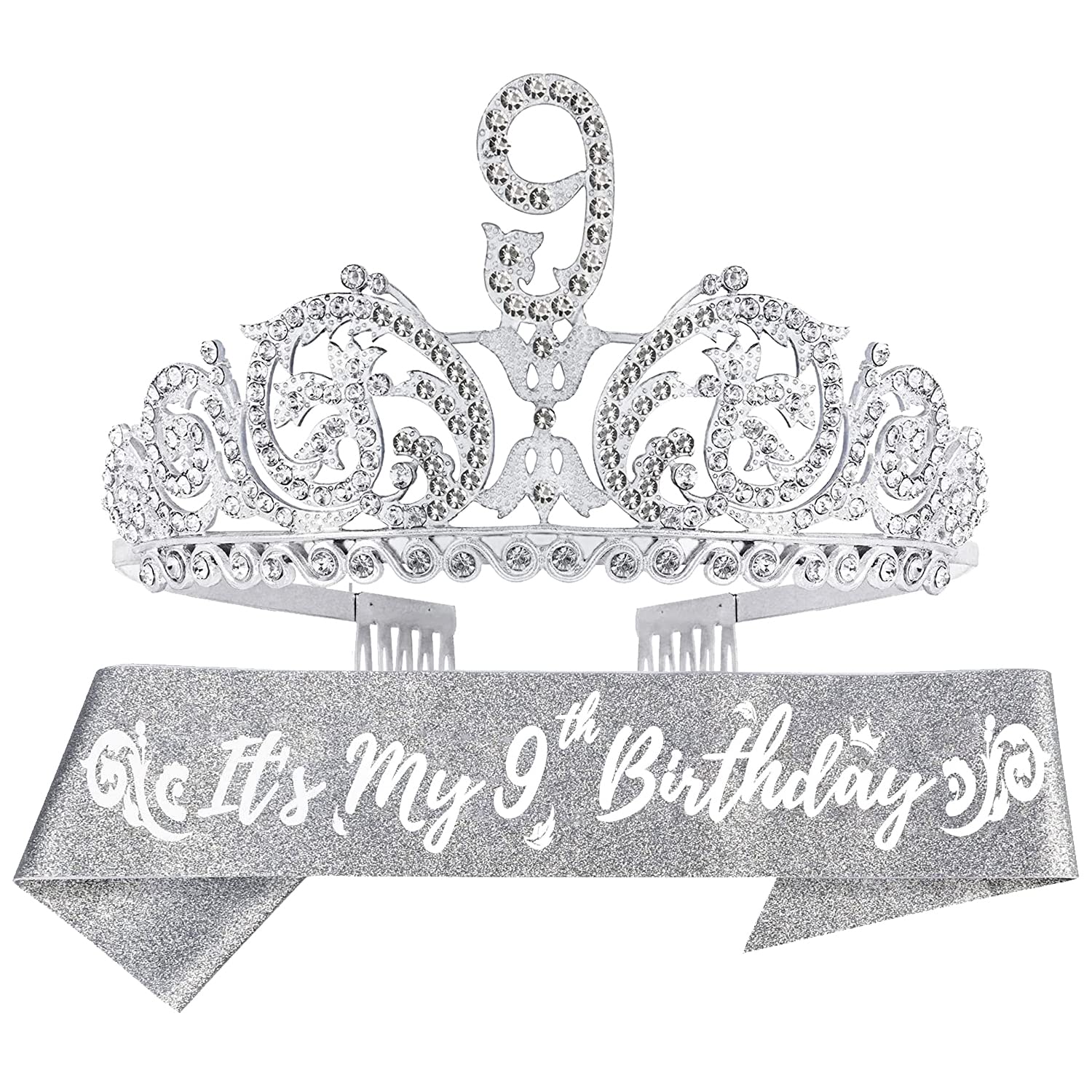 9th Birthday Girl's Party Decorations Set - Princess Tiara, Crown, Sash & Party Favors for Girls - Perfect for Birthday Celebrations, Photo Shoots & Themed Parties