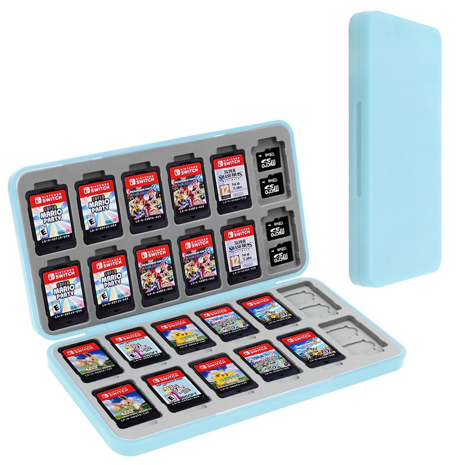 FYY Nintendo Switch Game Case Holder - 24 Game Card Slots Storage Organizer with Silicone Lining, Hard Protective Travel Case for Switch Cartridges (Light Blue) - Perfect for Travel, Gaming Parties & Switch Accessories Organization