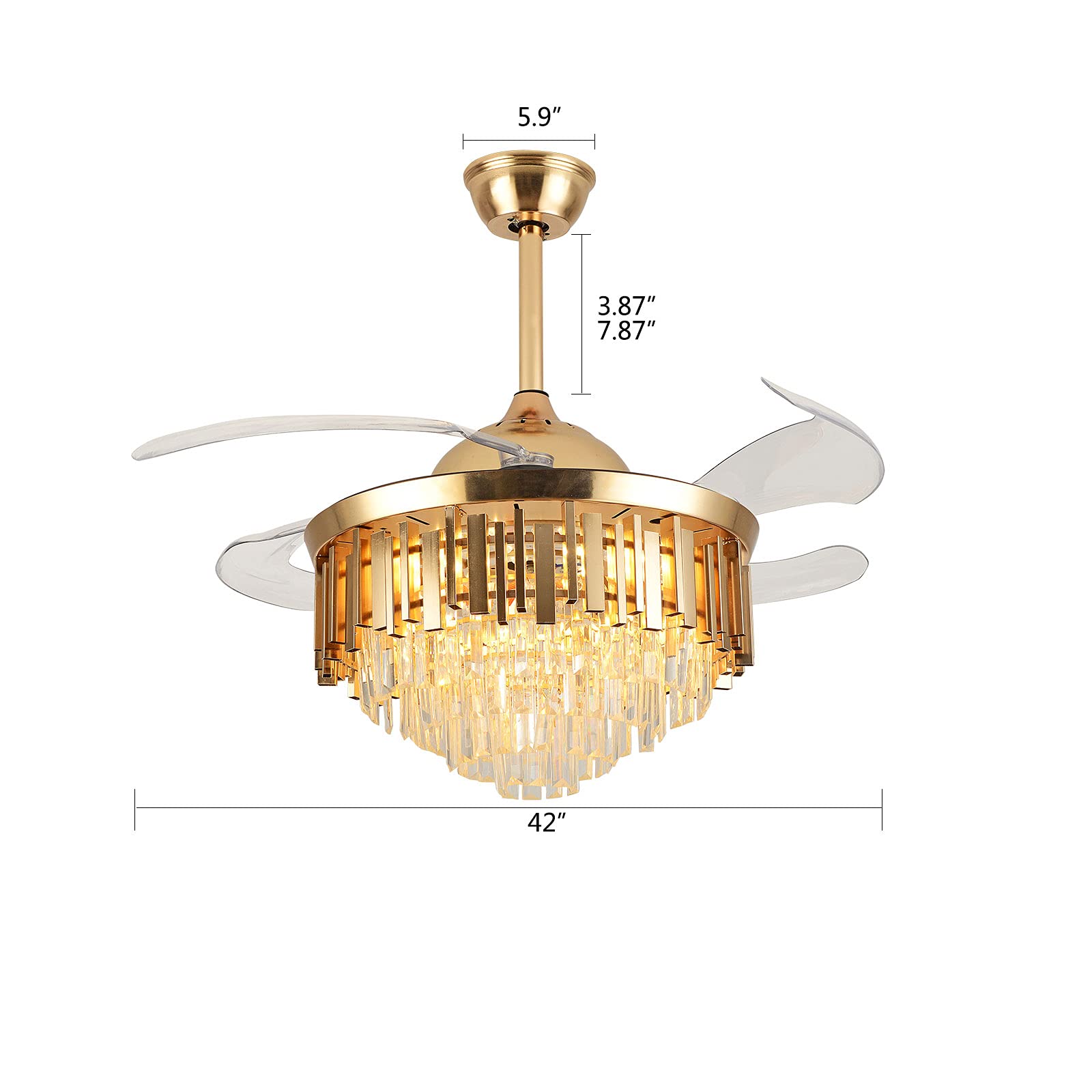 OUKANING 42 Inch Crystal Ceiling Fan with LED Lights - Remote Control, 3-Speed Adjustable, Quiet Retractable Blades - Perfect for Dining Room, Bedroom, Living Room & Office Decor