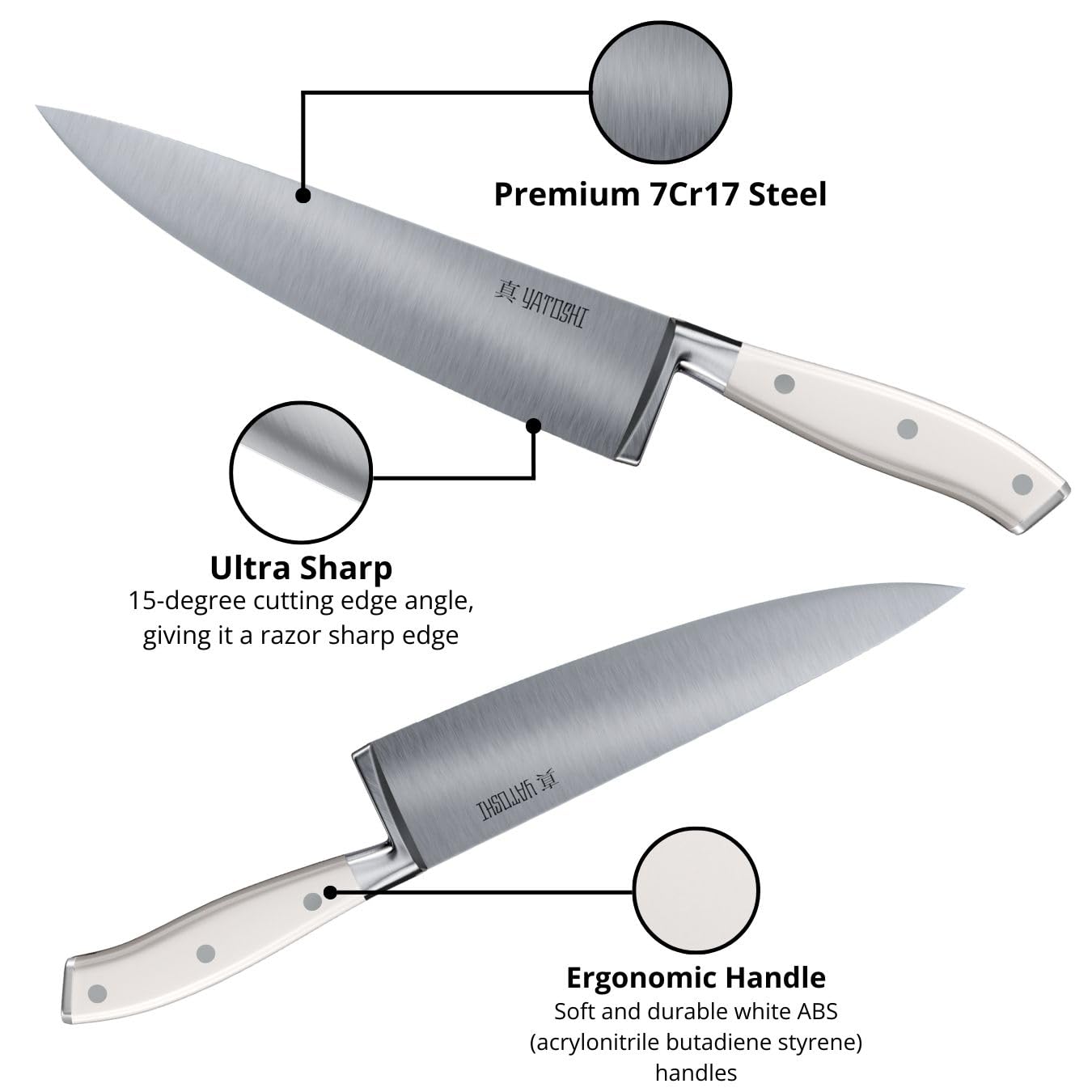 Yatoshi Pro 6-Piece Magnetic Kitchen Knife Set - Ultra Sharp High Carbon Steel Knives, White Block for Precision Cooking & Meal Prep