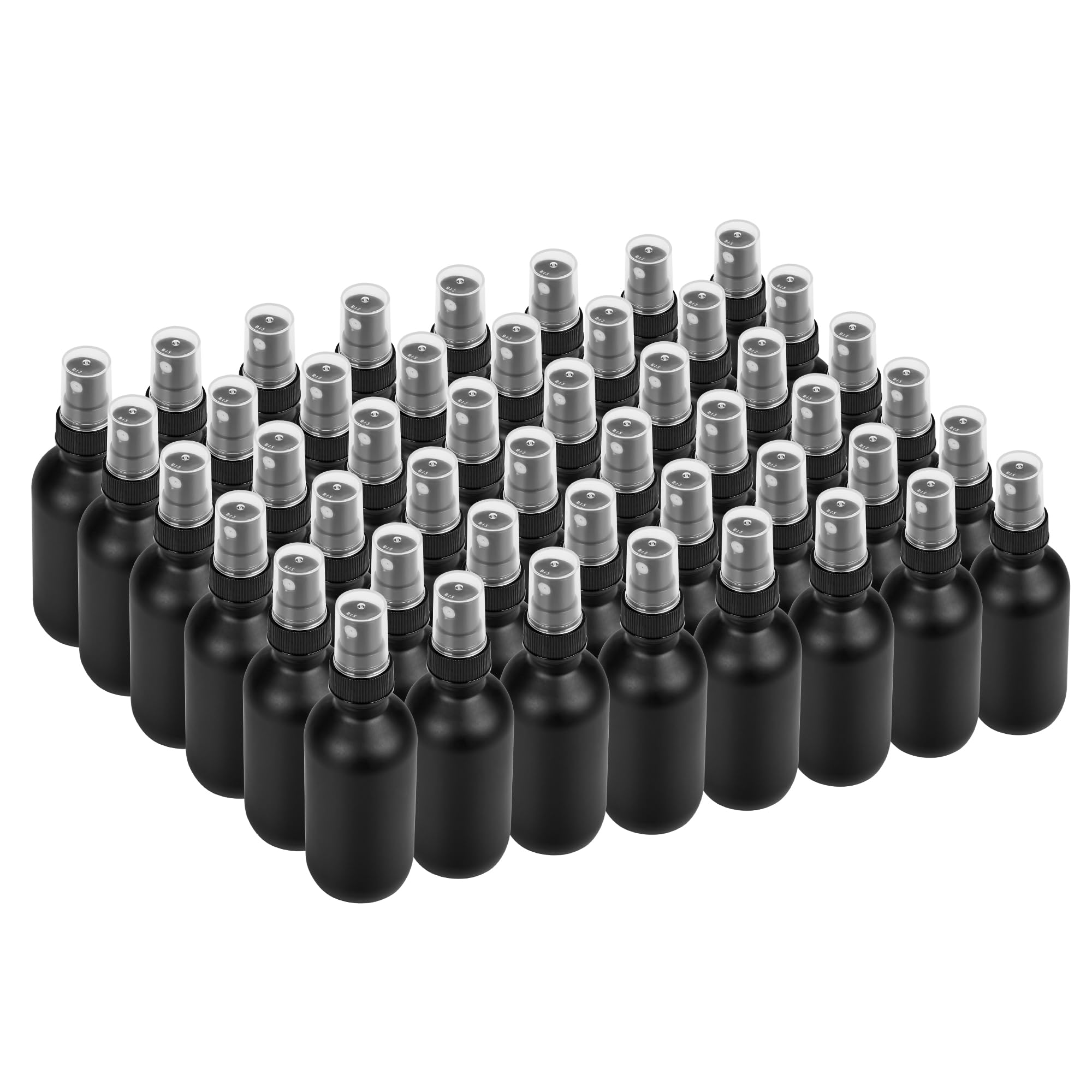 48 Pack 2oz Black Frosted Glass Boston Round Bottles with Fine Mist Sprayer - Leakproof Travel Essential Oil Containers for Bath, Beauty, Hair Care & Cleaning - Perfect for DIY, Travel & Home Organization