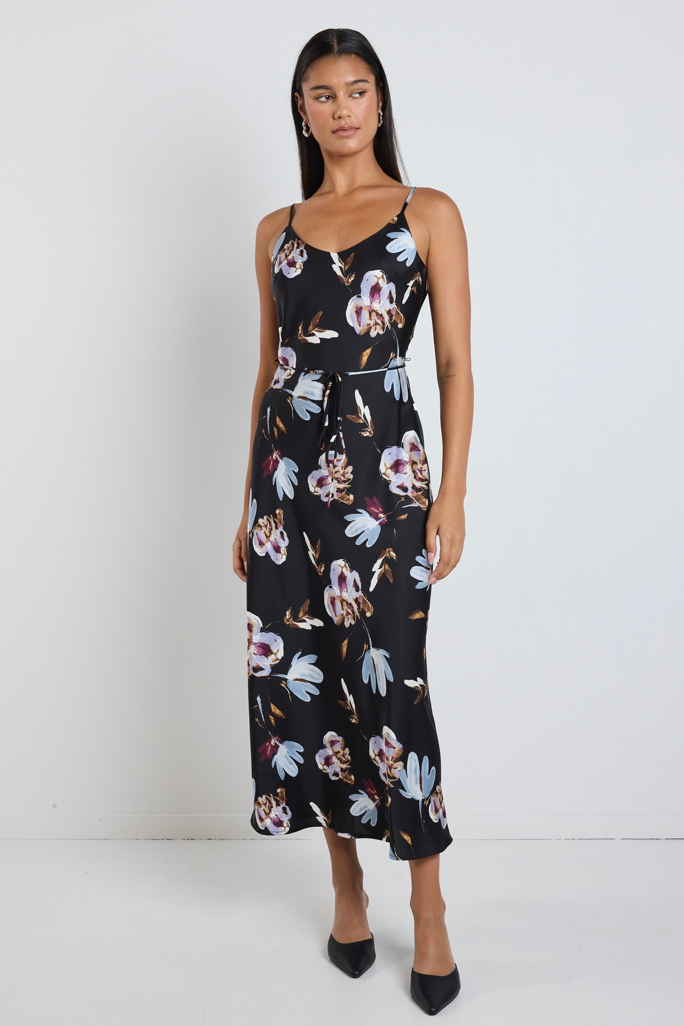 Black Smudge Floral Print Satin Bias Cut Flared Maxi Dress - Elegant Evening Gown for Parties, Weddings & Special Occasions