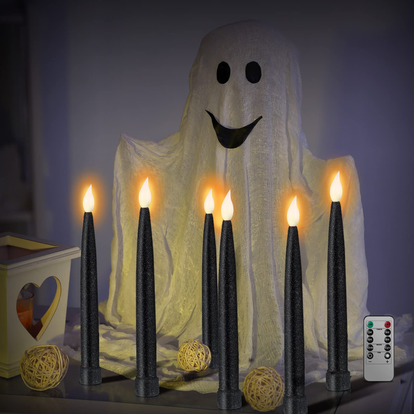 6Pcs Gold Flameless LED Taper Candles with Remote & Timer - Battery Operated Electric Window Candles for Wedding, Christmas, Home Decor - Romantic Dinner, Holiday Centerpiece, Fireplace Mantel (Black)
