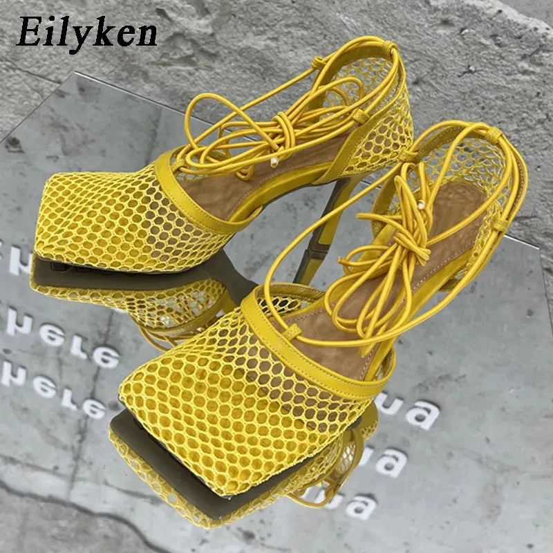 Eilyken Women's Sexy Mesh Pumps Sandals - Square Toe High Heel Lace-Up Cross Tied Stiletto Dress Shoes for Women | Perfect for Evening Parties, Date Nights & Special Occasions
