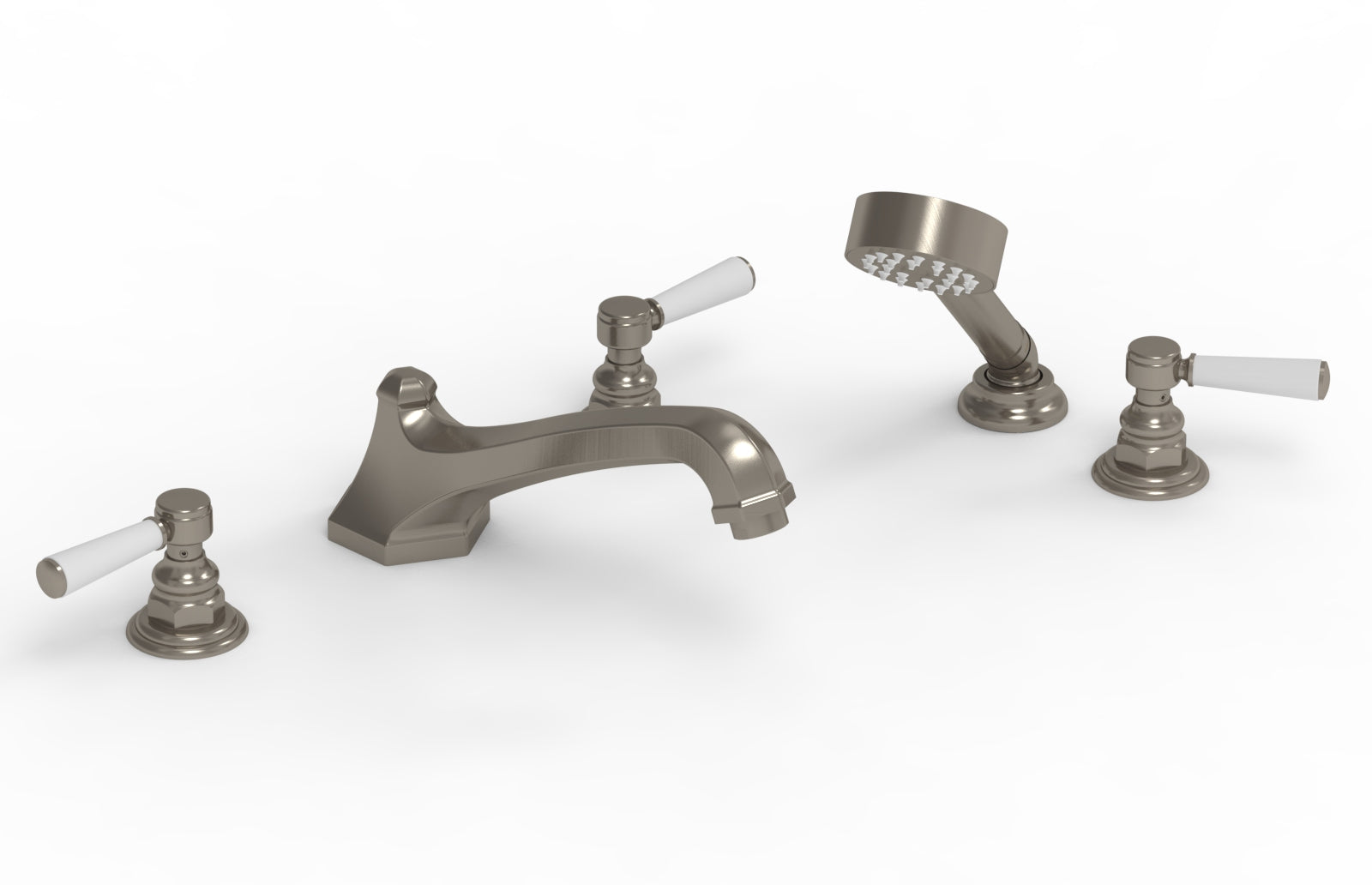 HEX TRADITIONAL Deck Mount Bathtub Faucet Set with Hand Shower - Satin White Finish & Lever Handles (Model 500-49) - Perfect for Modern Bathroom Renovations & Spa-Like Shower Experience