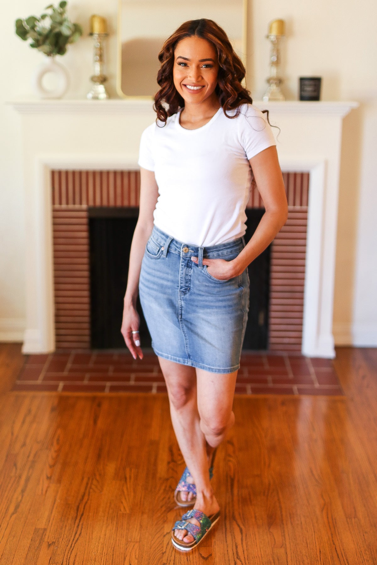 Judy Blue Medium Wash High Rise Tummy Control Denim Skirt for Women - Slimming Stretch Jeans Skirt for Casual Outfits & Date Nights