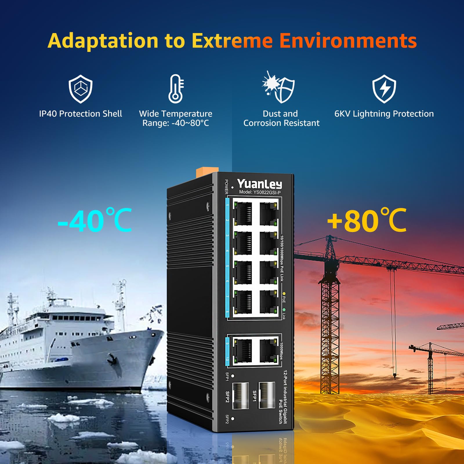 YuanLey 12 Port Industrial Ethernet Switch with 8 PoE Gigabit Ports, 2x 1000Mbps Uplink, 2 SFP Slots, Unmanaged DIN-Rail PoE Switch - IEEE 802.3af/at, 24Gbps Switching Capacity, IP40, Fanless Design - Ideal for Factory Automation, Security Camera Systems & Industrial IoT Networks