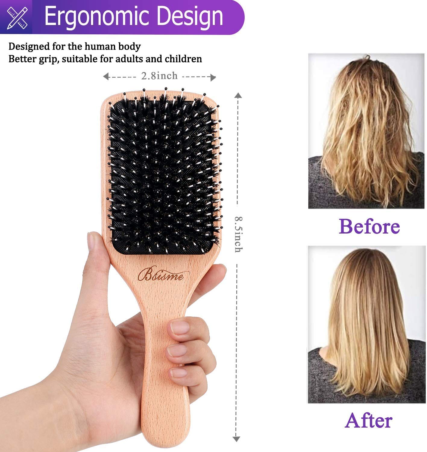 Boar Bristle Hair Brush for Women & Kids - Best Paddle Detangling Brush for Curly & Smooth Hair - Adds Shine & Reduces Frizz - Perfect for Daily Styling, Salon Use & Travel