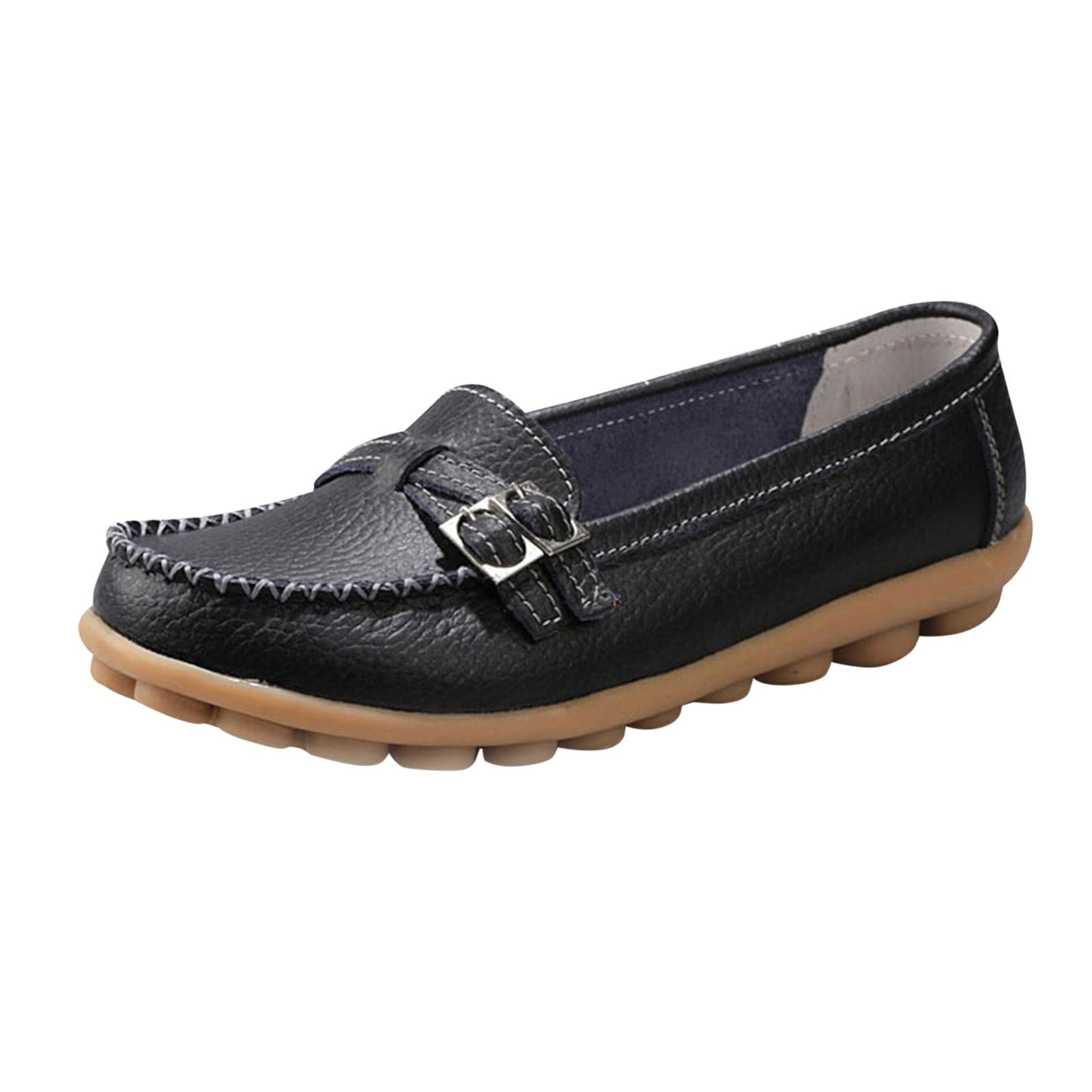 Women's Casual Loafers with Buckle Detail - Flat Heel Comfortable Slip-On Shoes for Everyday Wear | Perfect for Office, Walking & Travel (Tan)