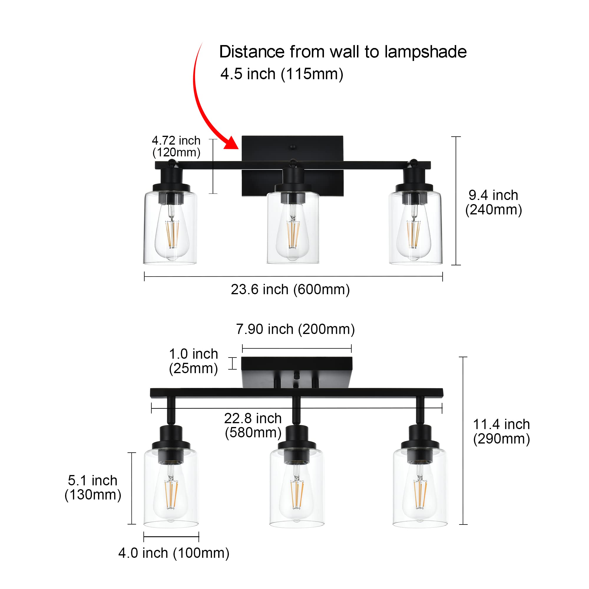 MELUCEE 3-Light Black Bathroom Vanity Lighting Fixture with Rotatable Track Heads & Clear Glass Shade - Modern Ceiling Light for Hallway, Porch, Foyer, Bathroom & Storage Areas