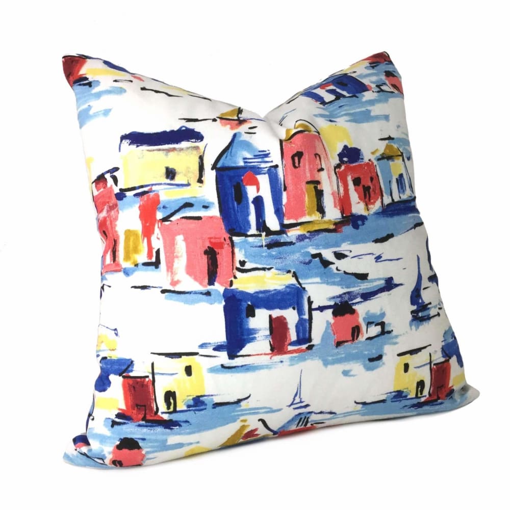Mykonos Greek Islands Blue, Red, Yellow & White Cotton Printed Pillow Cover - Bohemian Home Decor for Sofa, Bed & Living Room