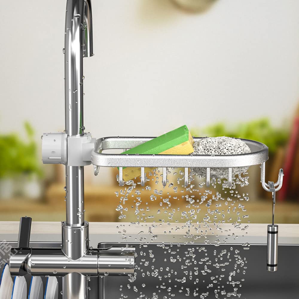 Upgraded Faucet Sponge Holder with Dish Towel Drying Rack & Hooks - Over Sink Organizer for Kitchen, Double Silver - Perfect for Small Spaces & Clutter-Free Countertops