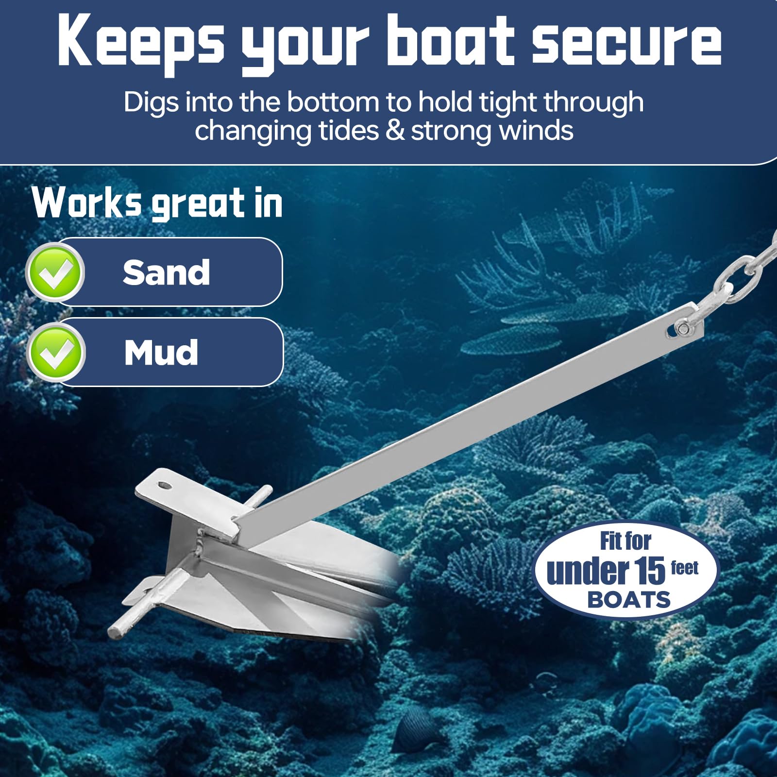 4.5LB Galvanized Boat Anchor Kit with Chain & Rope - for Pontoon & Fishing Boats