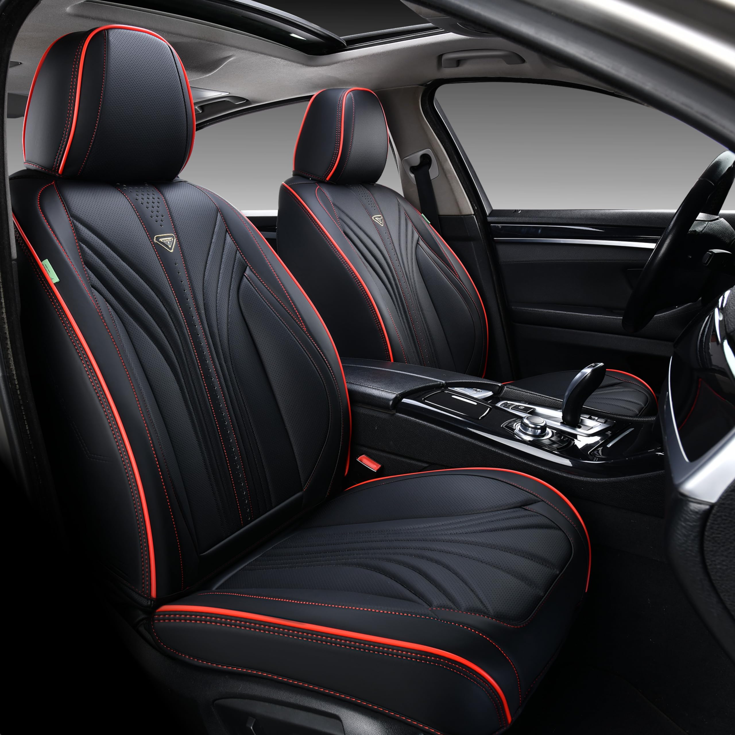 FLORICH Premium Leather Car Seat Covers - 2 Pack Waterproof Front Seat Protectors for Cars, SUVs & Trucks (Black & Red) | Comfortable & Durable Auto Accessories for Daily Commute & Road Trips