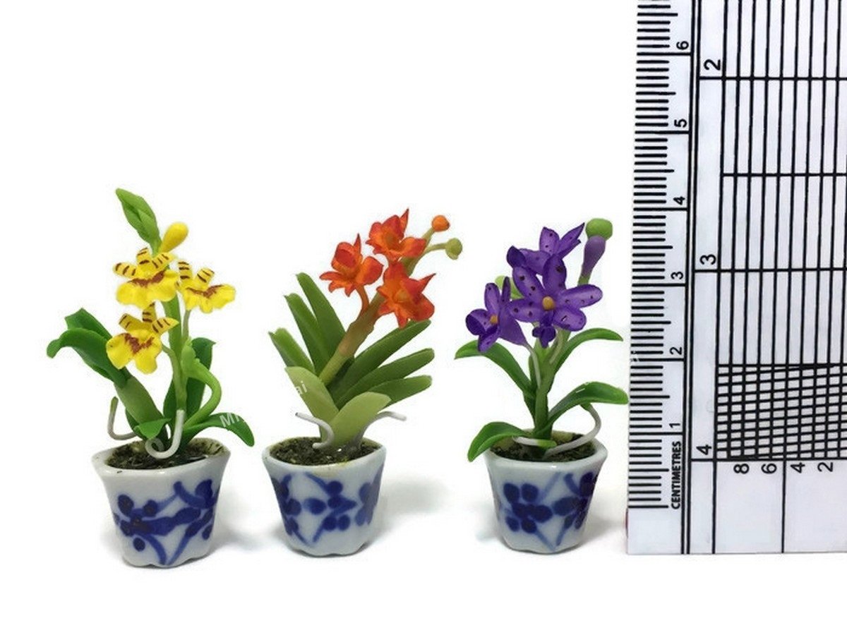 3-Piece Miniature Flower Clay Dollhouse Set - Tiny Ceramic Painted Fairy Garden Accessories with Artificial Orchid Plants #055 - Perfect for DIY Fairy Gardens, Dollhouse Decor, and Miniature Landscapes