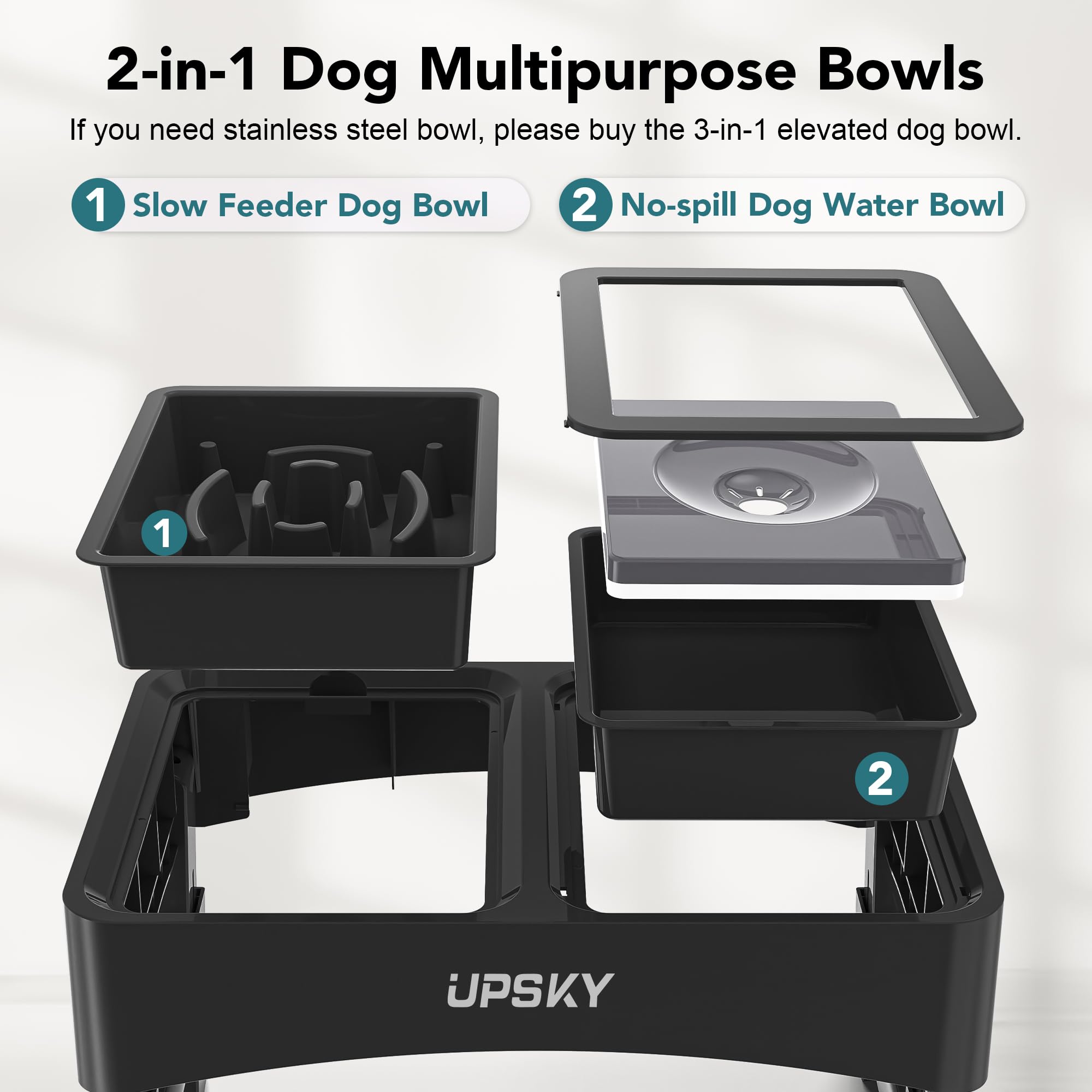 UPSKY 2-in-1 Elevated Slow Feeder Dog Bowls with Stand - 4 Height Adjustable Raised No Spill Dog Food & Water Bowl Dispenser - Anti-Slip Pet Bowls for Small & Medium Dogs (Black) - Perfect for Mealtime & Travel Use