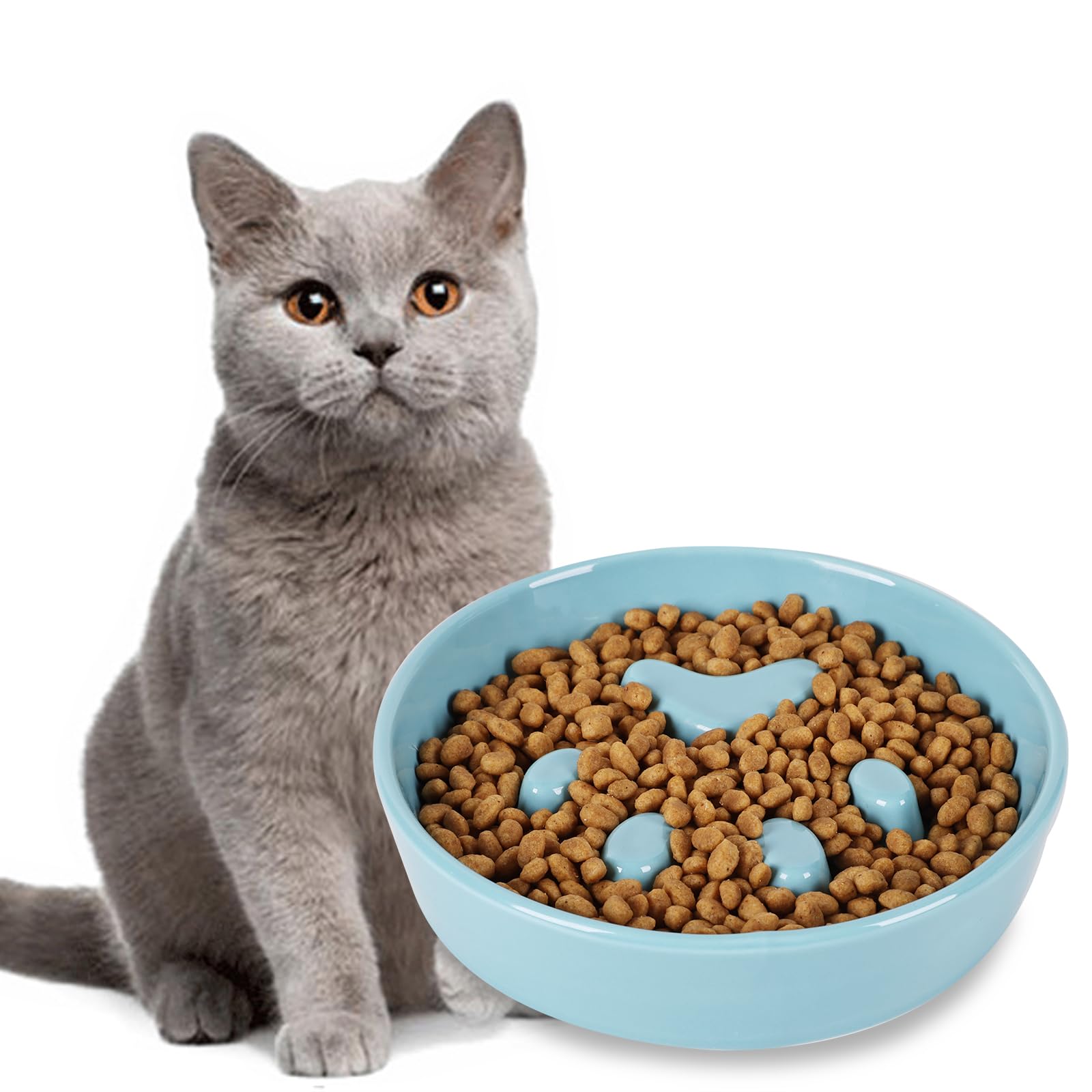 Ceramic Slow Feeder Cat Bowl - Turquoise Fun Slow Eater Dish for Cats - Perfect for Portion Control & Preventing Bloat During Mealtime