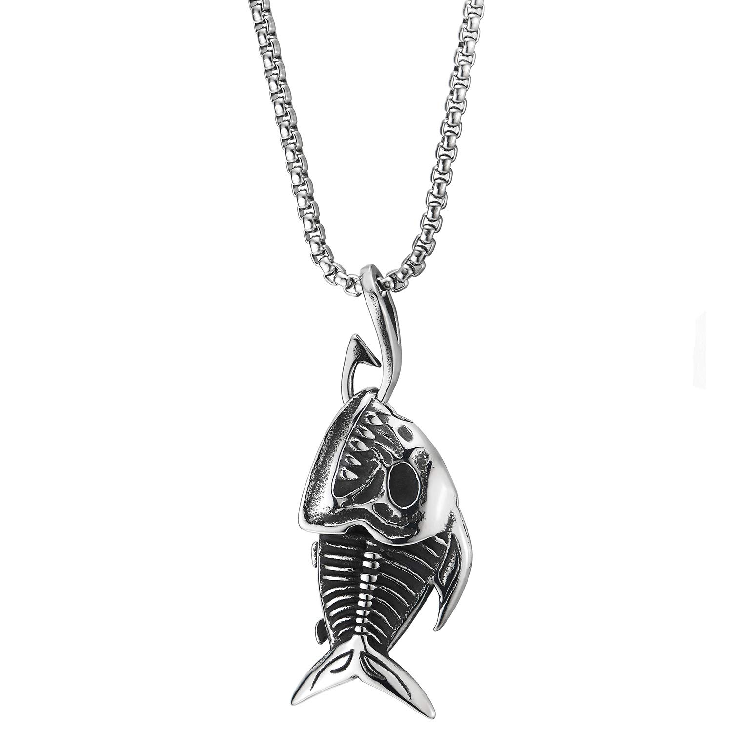 CoolSteelandBeyond Shark Teeth Fish Skeleton Bone Pendant Necklace - 30 Inch Gothic Steel Chain with Wheat Link Design for Men & Women - Perfect for Punk, Gothic, Rock Fashion & Halloween Costume Accessories