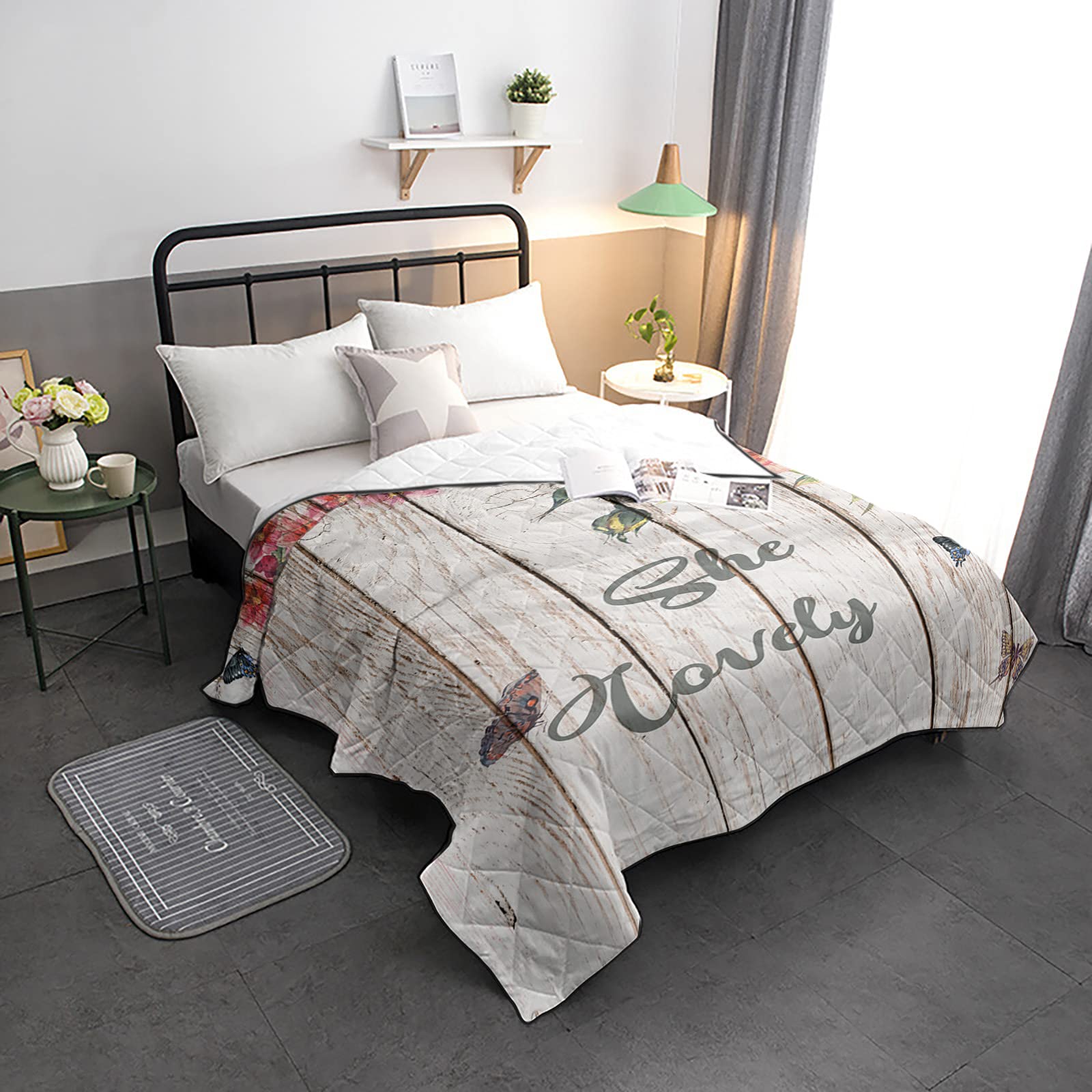 HELLOWINK Twin Size Bedding Comforter - Soft & Lightweight Quilted Duvet | Cooling All Season Down Alternative Comforter in Vintage Floral Rustic Wood Rose Design | Perfect for Guest Rooms, Dormitories & Cozy Bedroom Decor