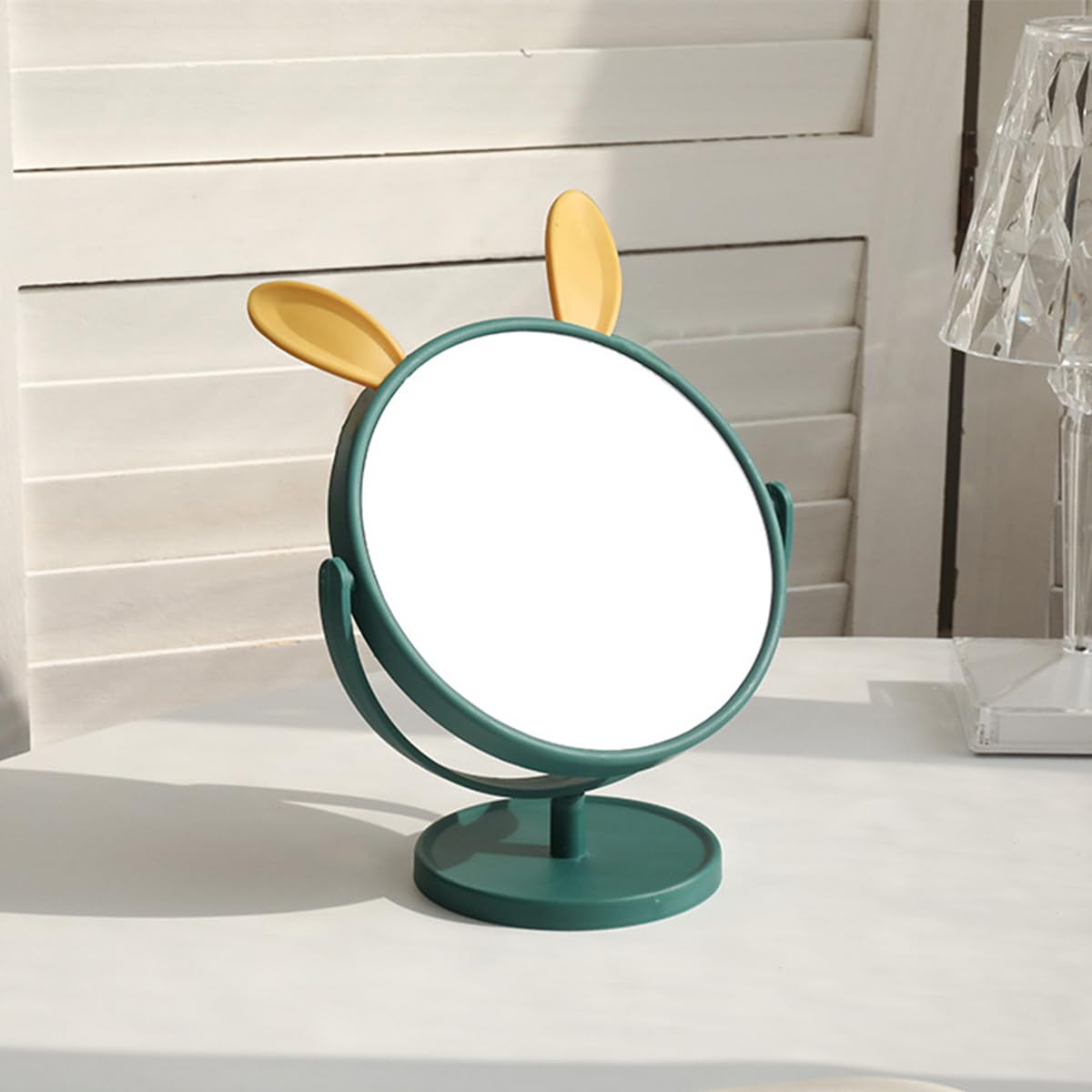 Leeonz Round Glass Vanity Mirror with Stand - Wall Mount or Desk Makeup Mirror with Adorable Rabbit Ears (Green/Yellow) for Bedroom, Bathroom & Dressing Room