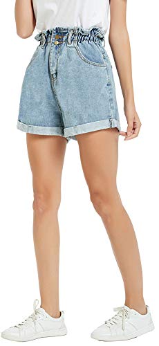 Women's High Waisted Denim Shorts - Plaid & Plain Rolled Blue Jean Shorts for Summer | Casual Outfit, Beach Wear & Street Style Fashion
