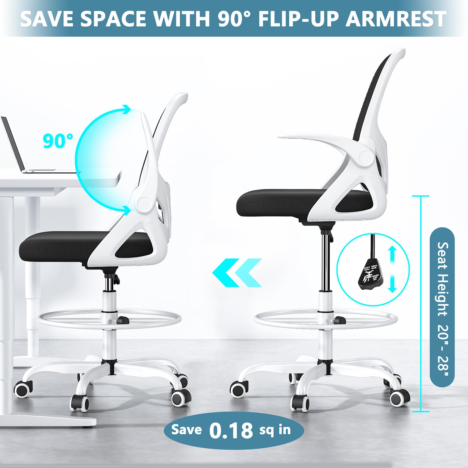 Ergonomic Tall Drafting Chair with Footrest Ring & Lumbar Support - Adjustable Height Office Chair with Flip-Up Arms for Home & Work (White) - Perfect for Architects, Artists, and Extended Computer Work Sessions