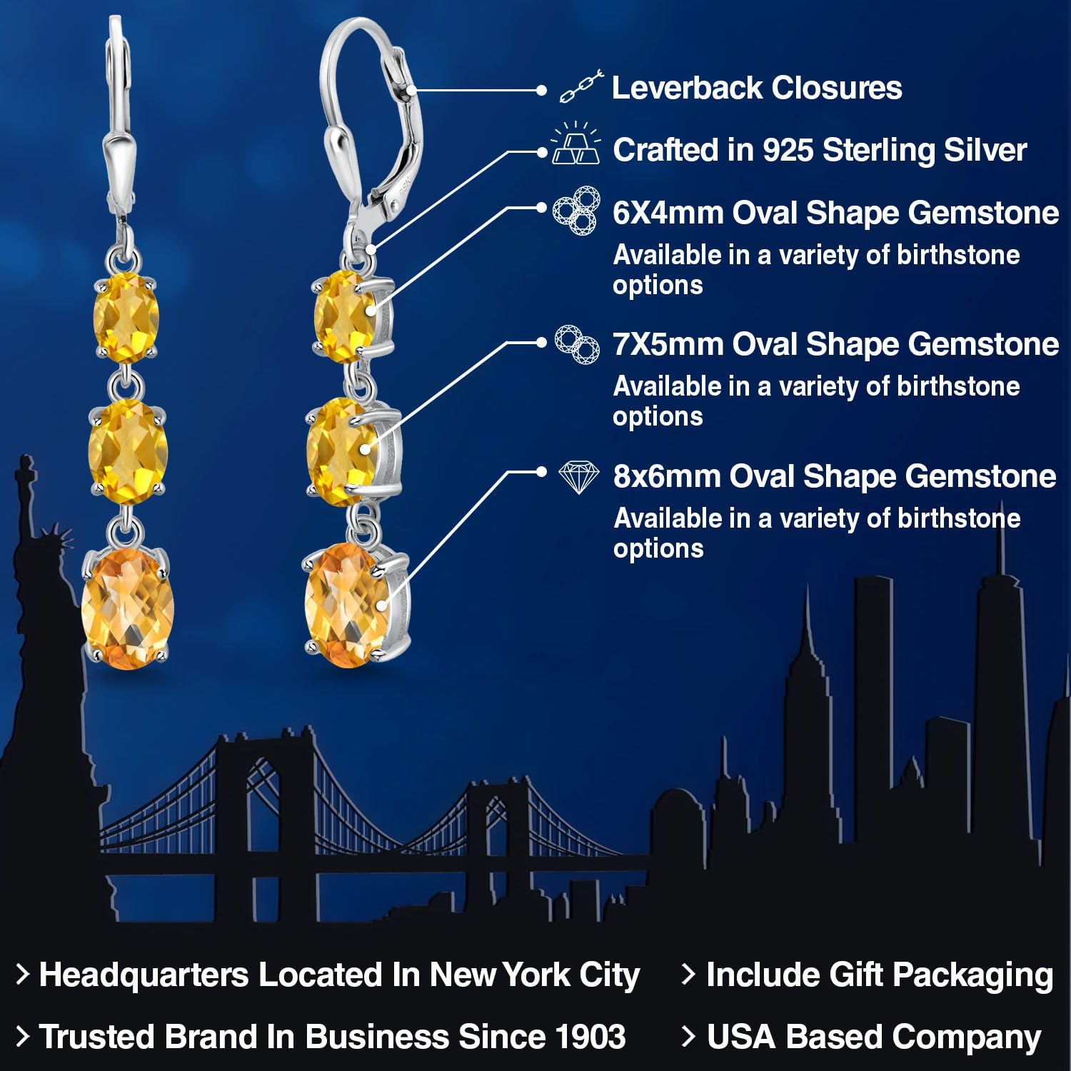 Gem Stone King 3-Stone Leverback Drop Dangle Earrings for Women - 925 Sterling Silver Birthstone Jewelry | Oval 8x6mm, 7x5mm & 6x4mm Gemstones | Elegant Gift for Mom, Wife, Her | Perfect for Weddings, Anniversaries & Special Occasions