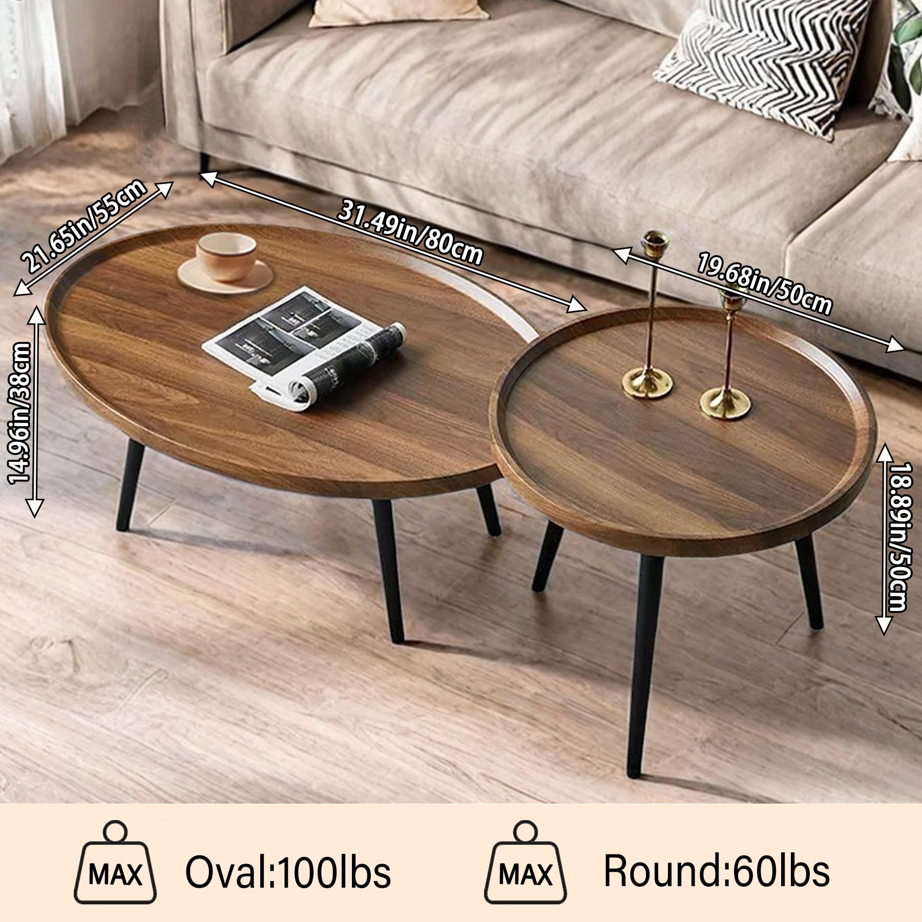 Mid Century Modern Nesting Coffee Table Set of 2 - Oval & Round Side Tables for Living Room, Bedroom, Small Spaces - Walnut Finish | Perfect for Compact Apartments, Cozy Reading Nooks & Contemporary Home Decor