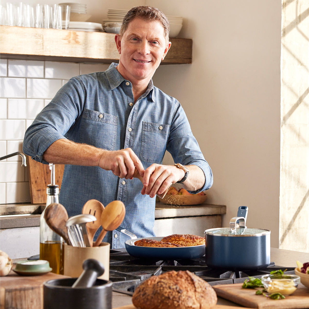 Bobby Flay by GreenPan Professional Ceramic Nonstick 2.53 Quart Saucepan with Lid - Oxford Blue | Healthy Cooking, Sauce Making, Pasta & Soup Pot for Home Chefs