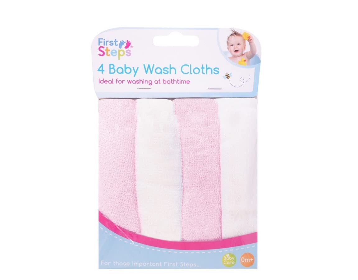 Premium Baby Wash Cloths 4-Pack - Soft Flannel Towels for Feeding & Bathing (Pink/White) - Newborn Care Essentials