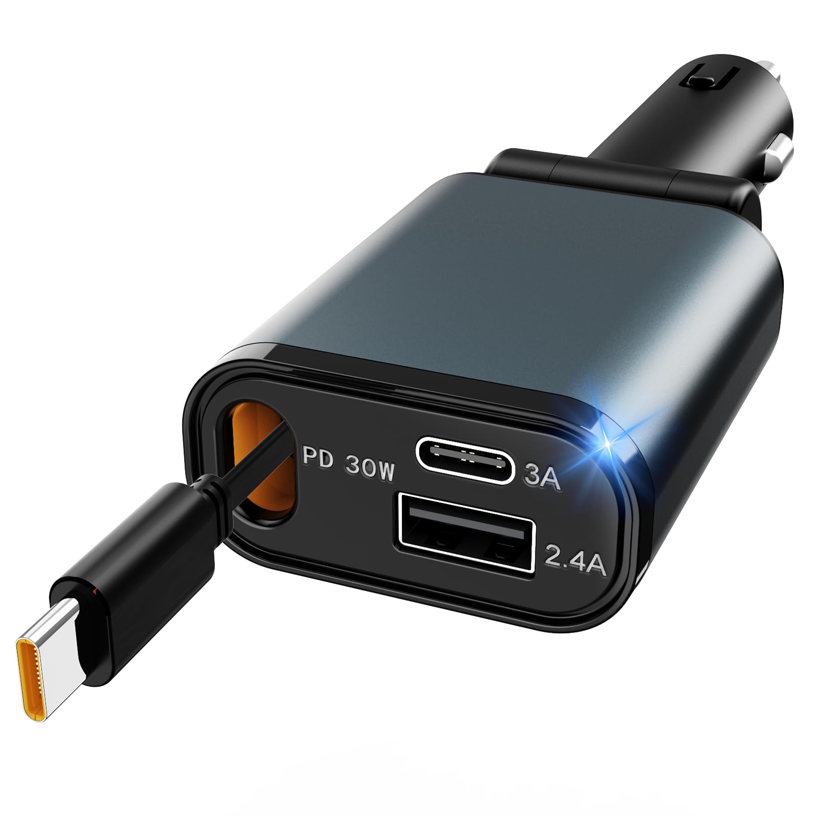 Rocketek 30W PD USB C Car Charger with Retractable Cable - 3-in-1 Fast Charging for iPhone 16/15/14, MacBook Pro/Air, iPad, Galaxy, AirPods - Perfect for Road Trips & Daily Commutes